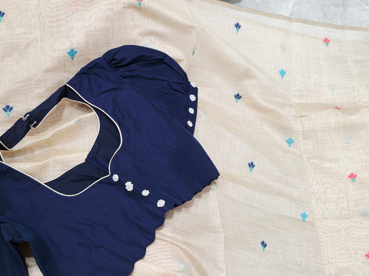 Heritage Muga Beige Jamdani Cotton Saree with Scenic Pallu & Navy Puff Blouse
