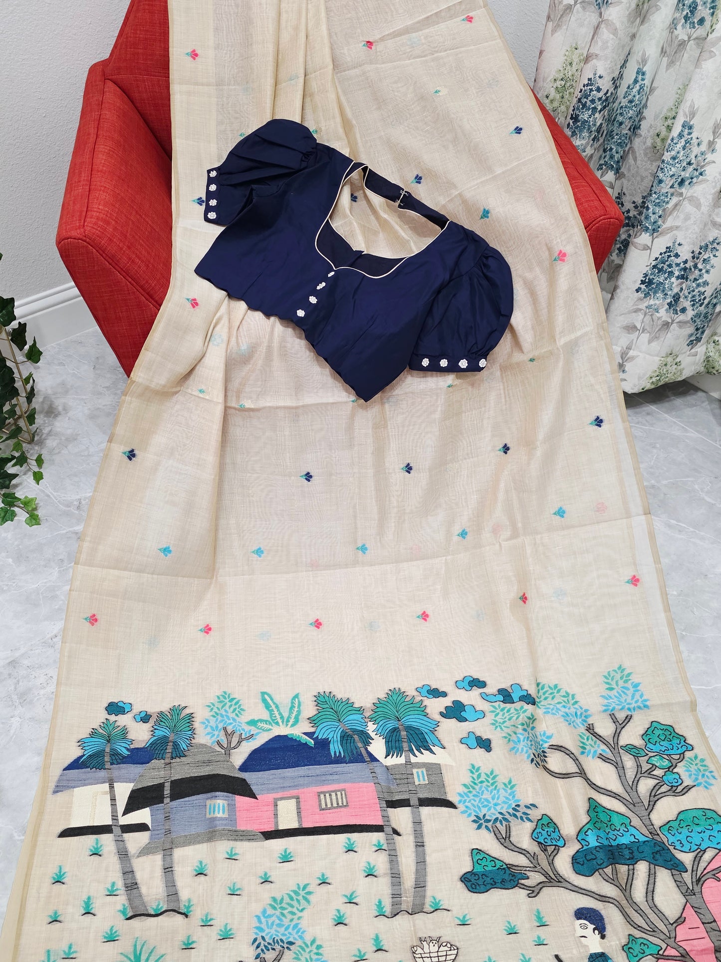 Heritage Muga Beige Jamdani Cotton Saree with Scenic Pallu & Navy Puff Blouse