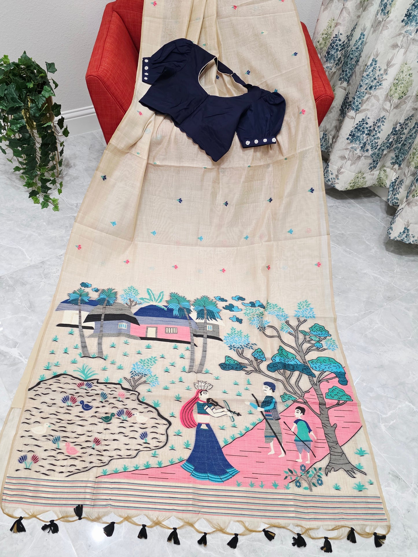 Heritage Muga Beige Jamdani Cotton Saree with Scenic Pallu & Navy Puff Blouse