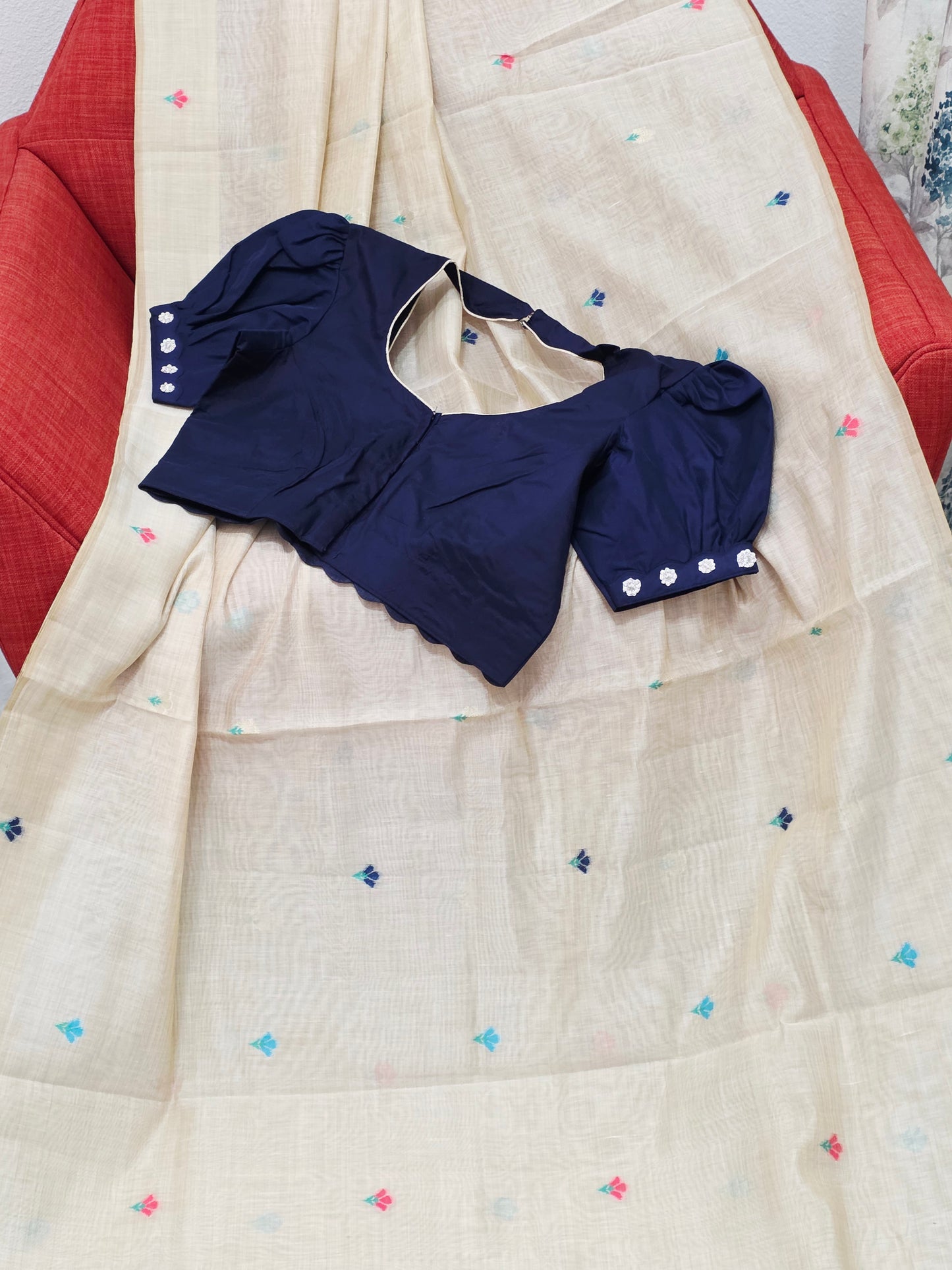 Heritage Muga Beige Jamdani Cotton Saree with Scenic Pallu & Navy Puff Blouse