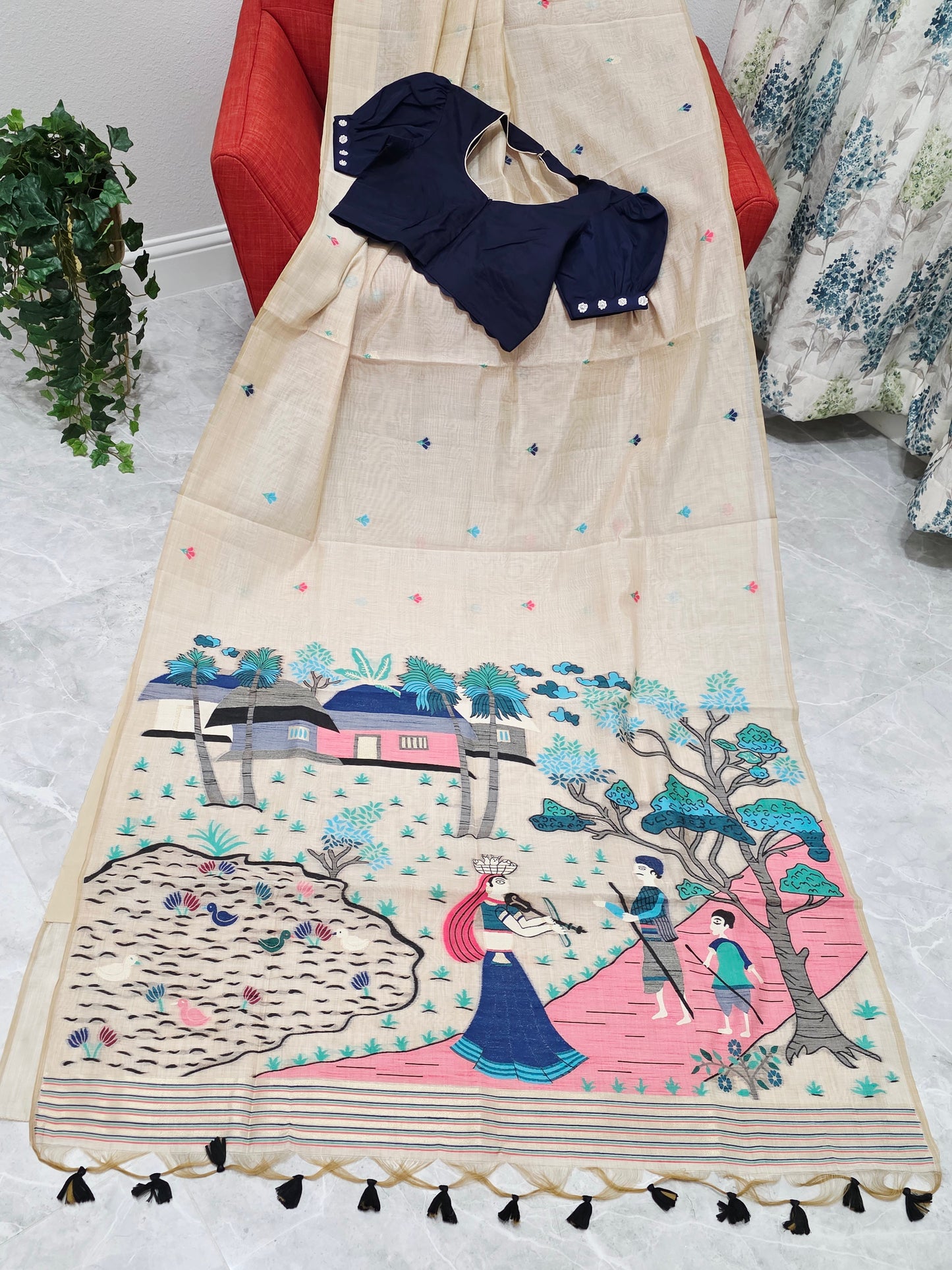 Heritage Muga Beige Jamdani Cotton Saree with Scenic Pallu & Navy Puff Blouse