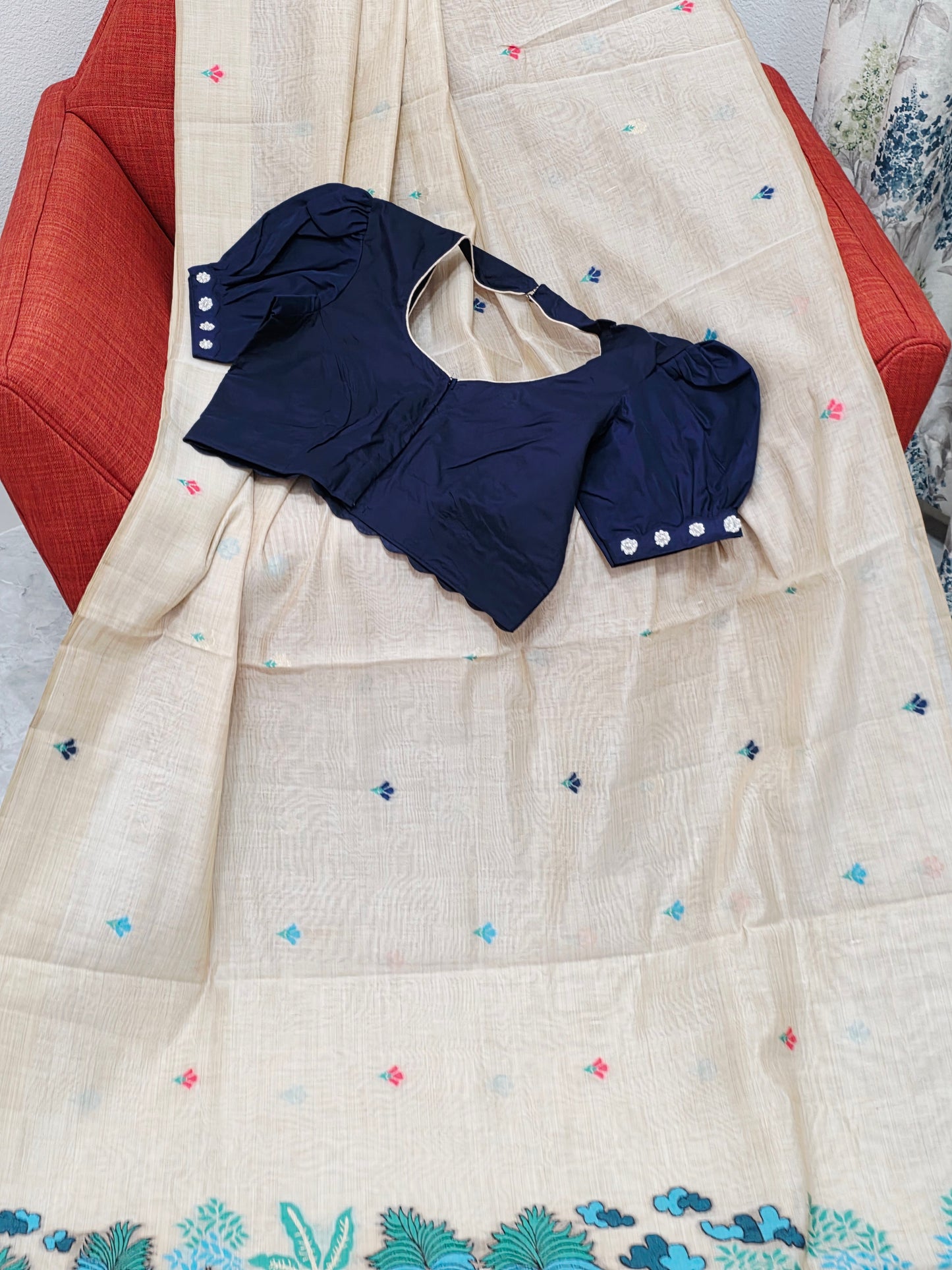 Heritage Muga Beige Jamdani Cotton Saree with Scenic Pallu & Navy Puff Blouse