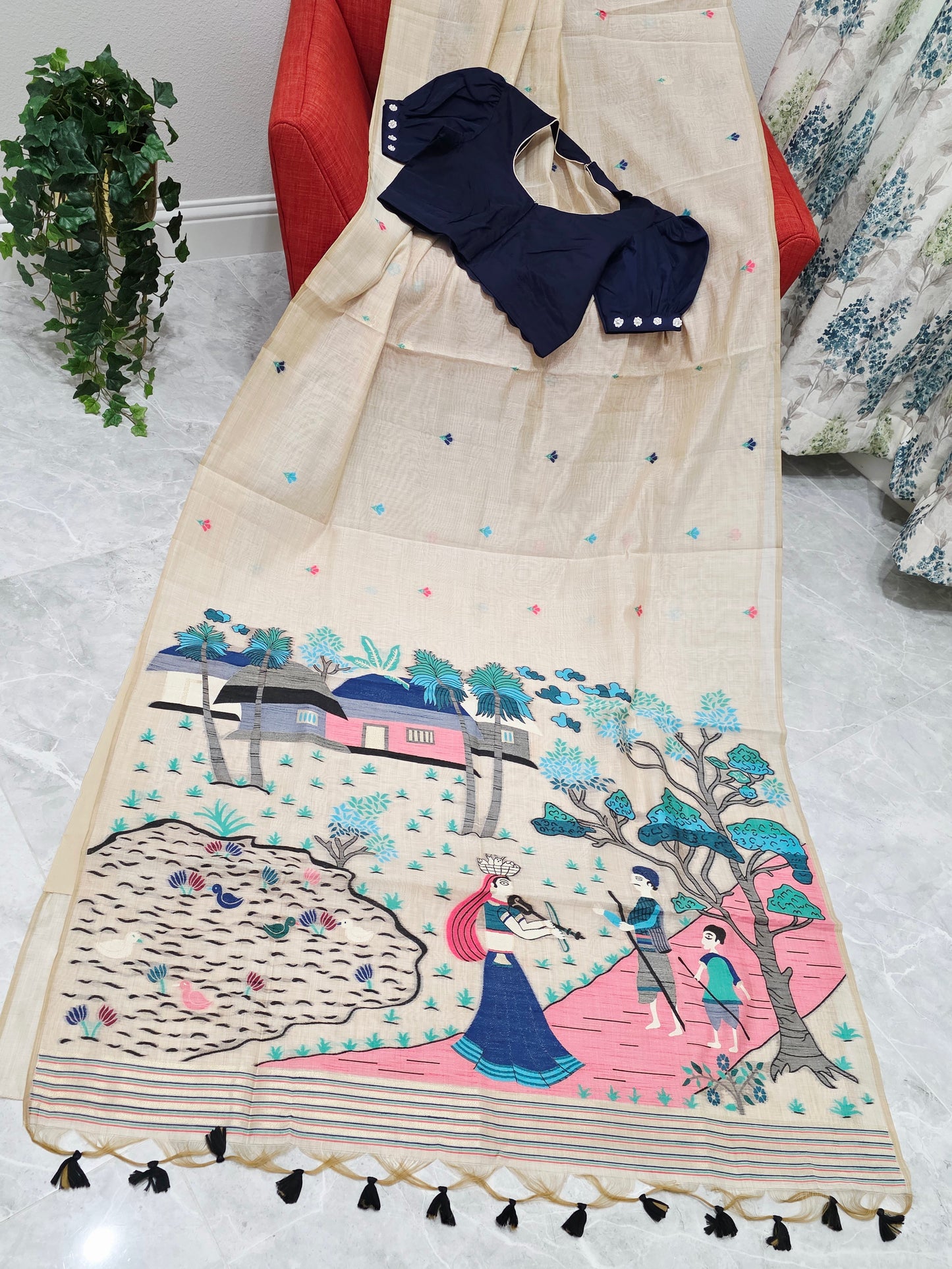 Heritage Muga Beige Jamdani Cotton Saree with Scenic Pallu & Navy Puff Blouse