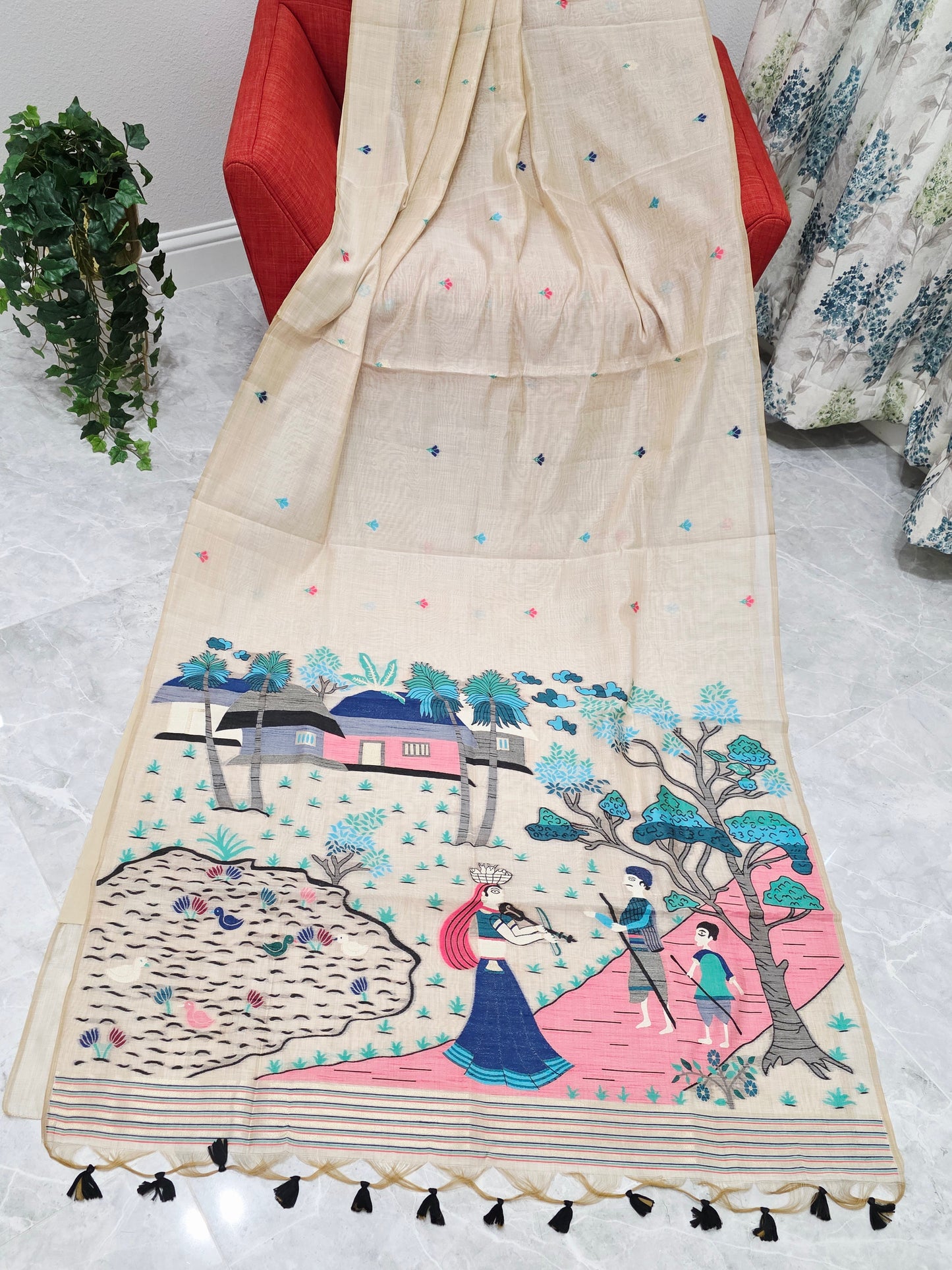 Heritage Muga Beige Jamdani Cotton Saree with Scenic Pallu & Navy Puff Blouse