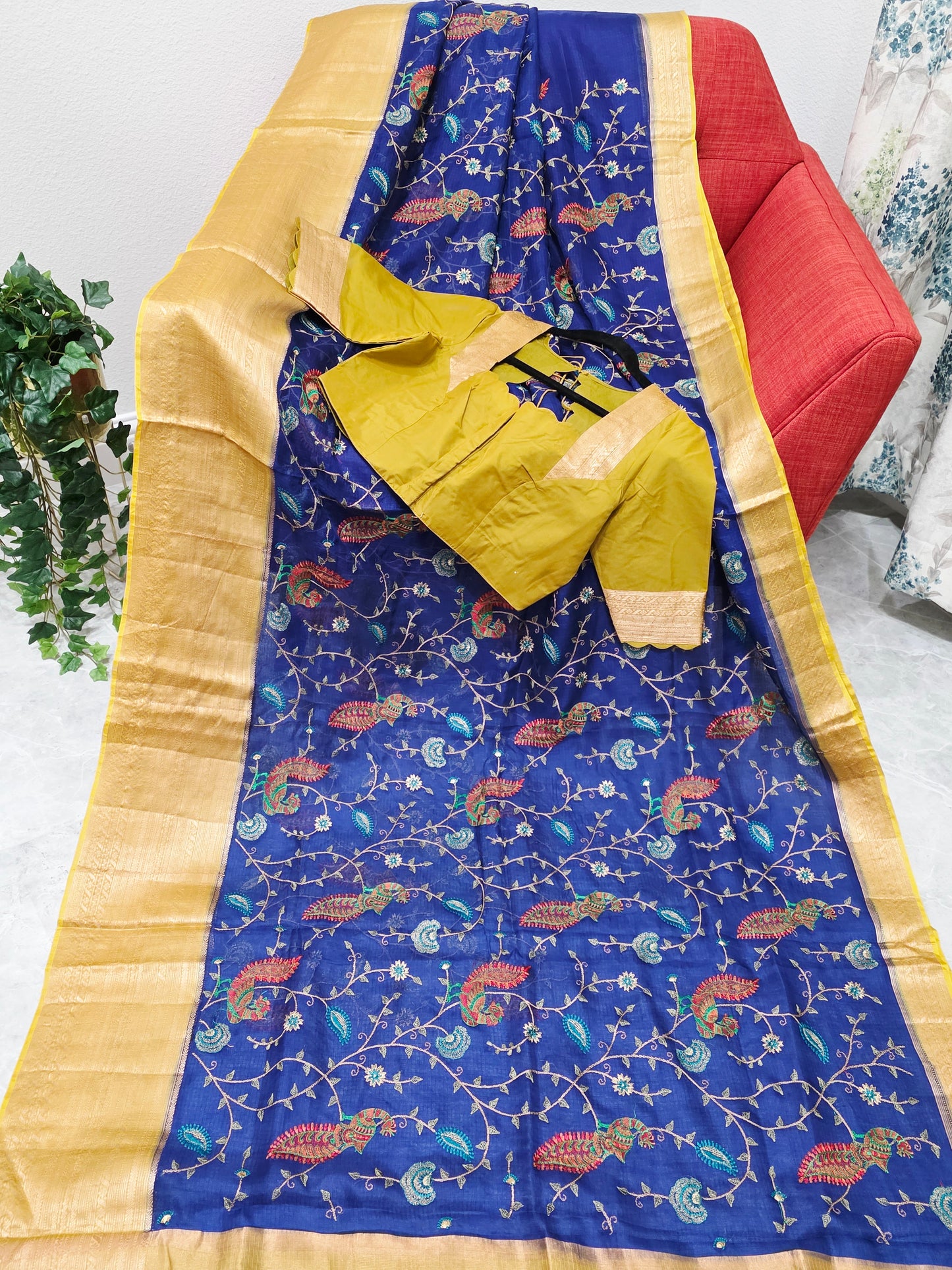Royal Peacock Blue Kota Silk Meenakari Saree with Olive Mustard Blouse