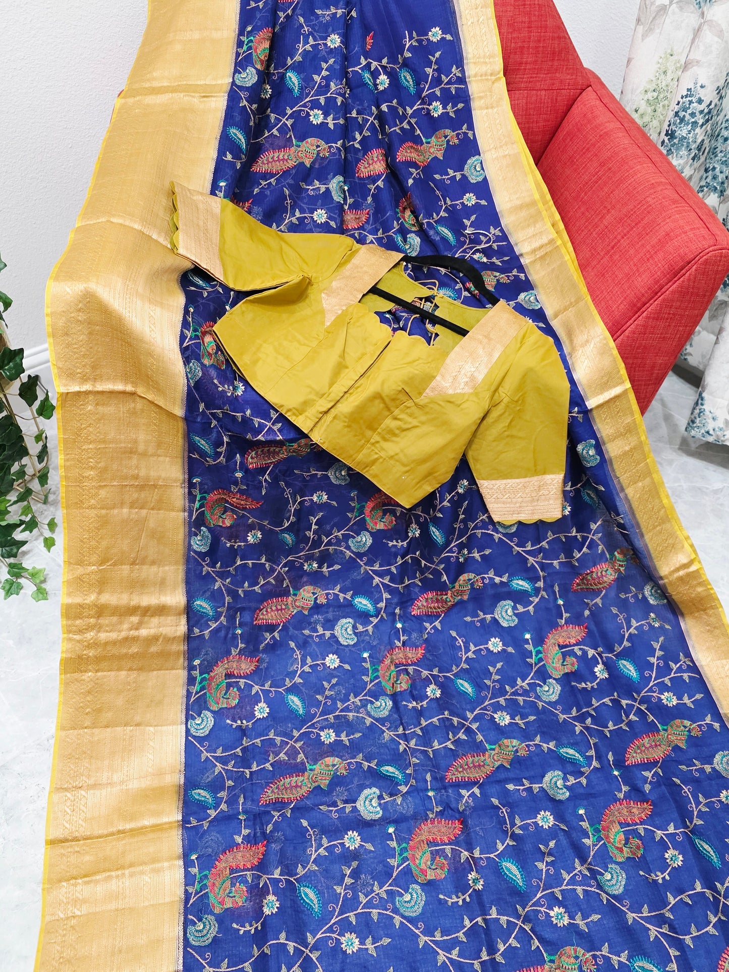 Royal Peacock Blue Kota Silk Meenakari Saree with Olive Mustard Blouse