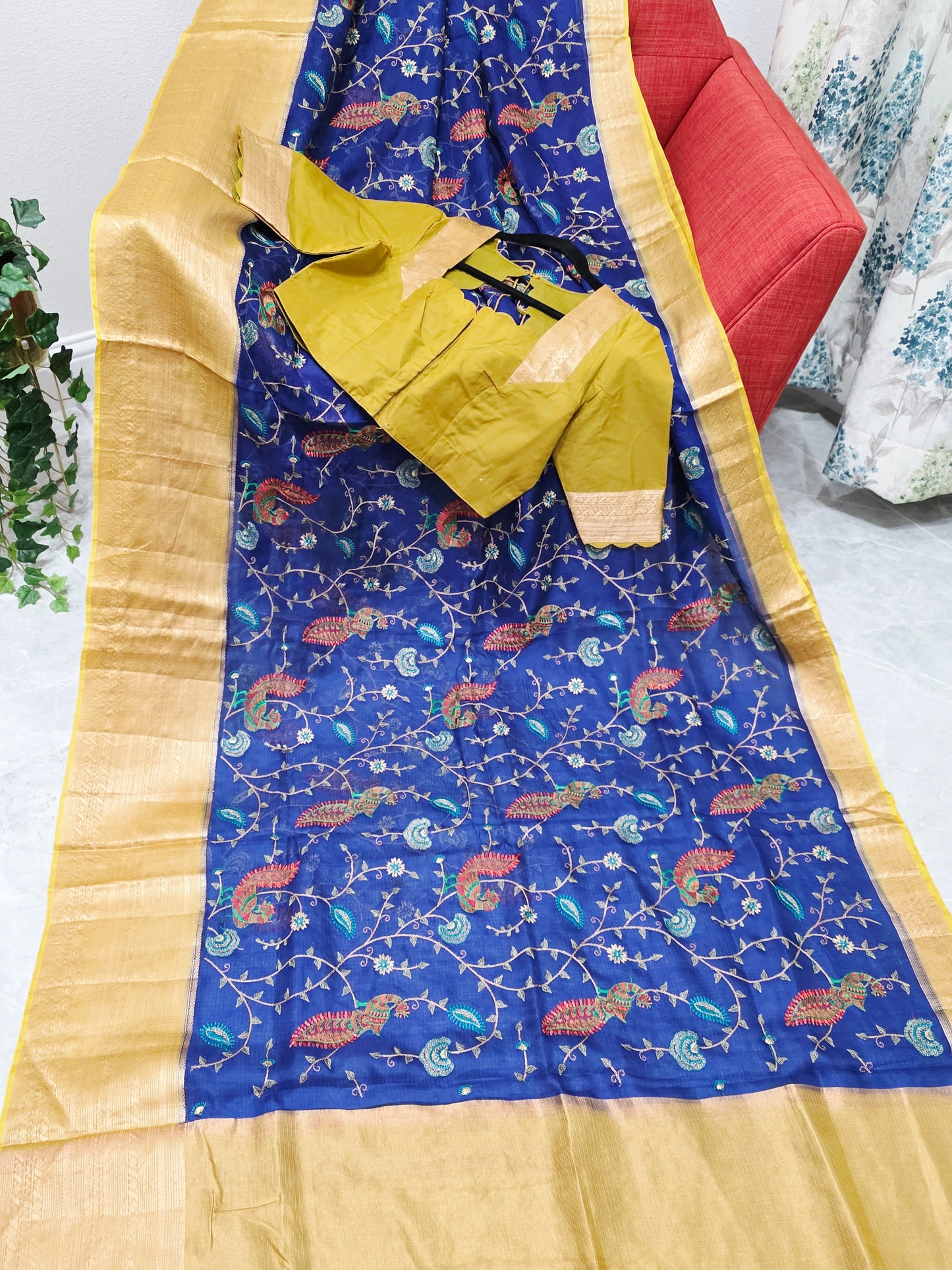 Royal Peacock Blue Kota Silk Meenakari Saree with Olive Mustard Blouse
