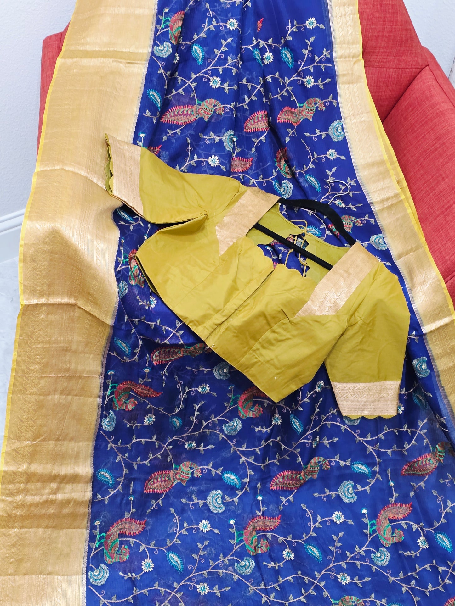 Royal Peacock Blue Kota Silk Meenakari Saree with Olive Mustard Blouse