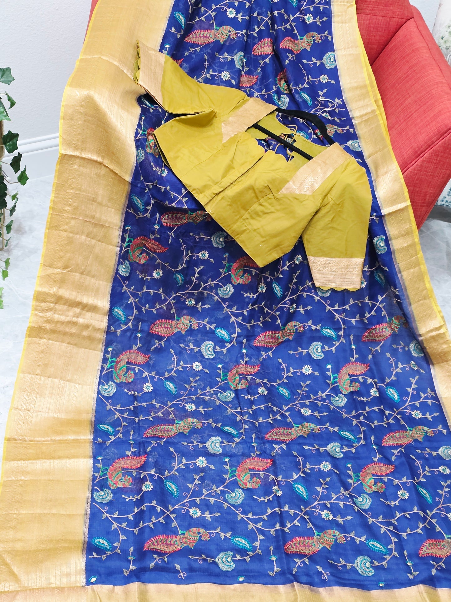 Royal Peacock Blue Kota Silk Meenakari Saree with Olive Mustard Blouse