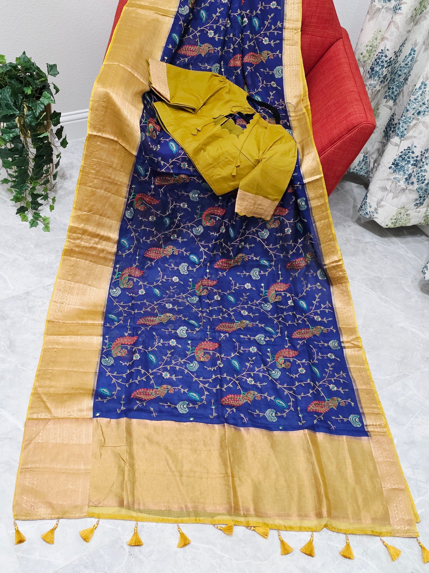 Royal Peacock Blue Kota Silk Meenakari Saree with Olive Mustard Blouse