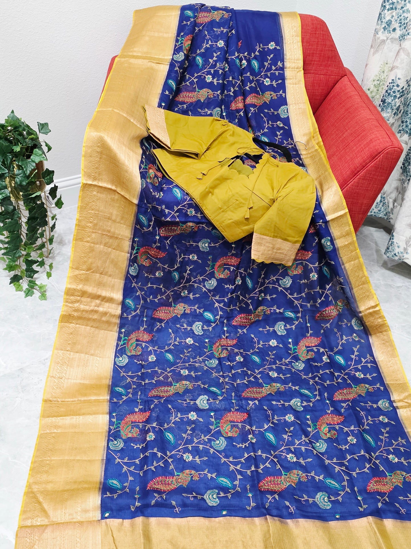 Royal Peacock Blue Kota Silk Meenakari Saree with Olive Mustard Blouse