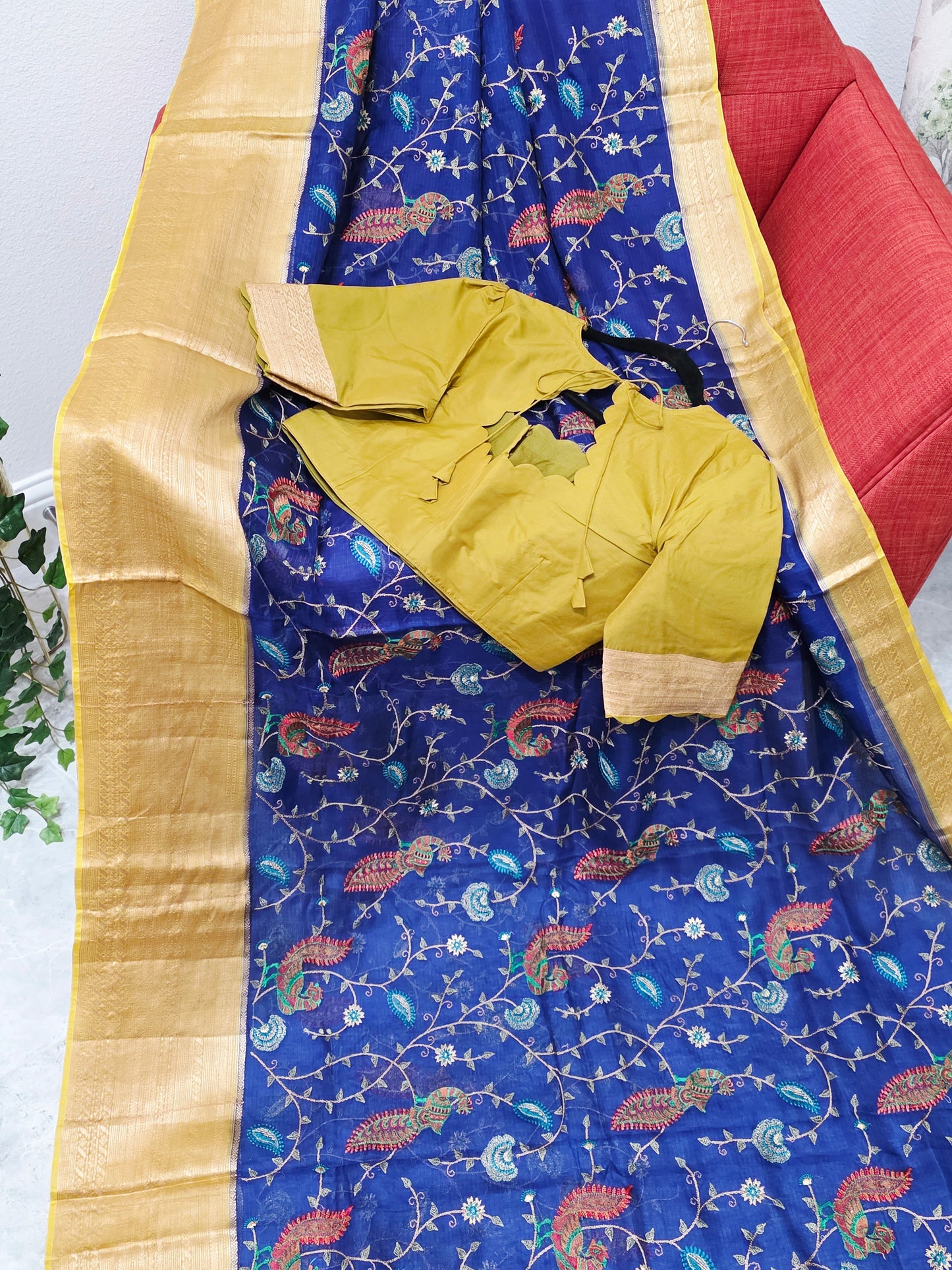 Royal Peacock Blue Kota Silk Meenakari Saree with Olive Mustard Blouse