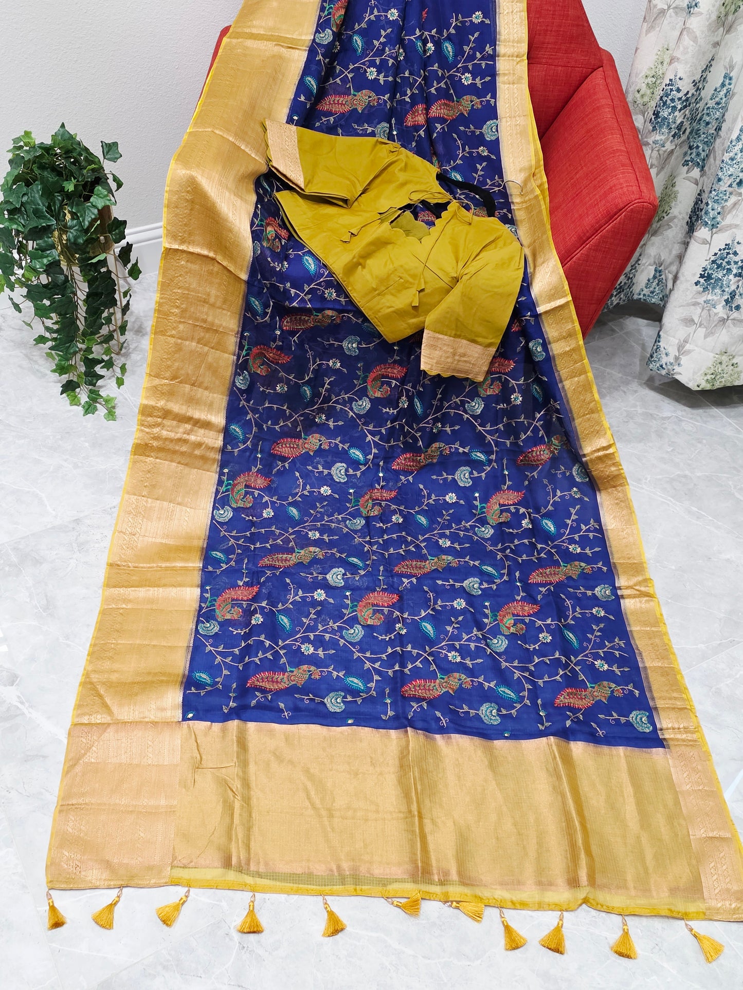 Royal Peacock Blue Kota Silk Meenakari Saree with Olive Mustard Blouse