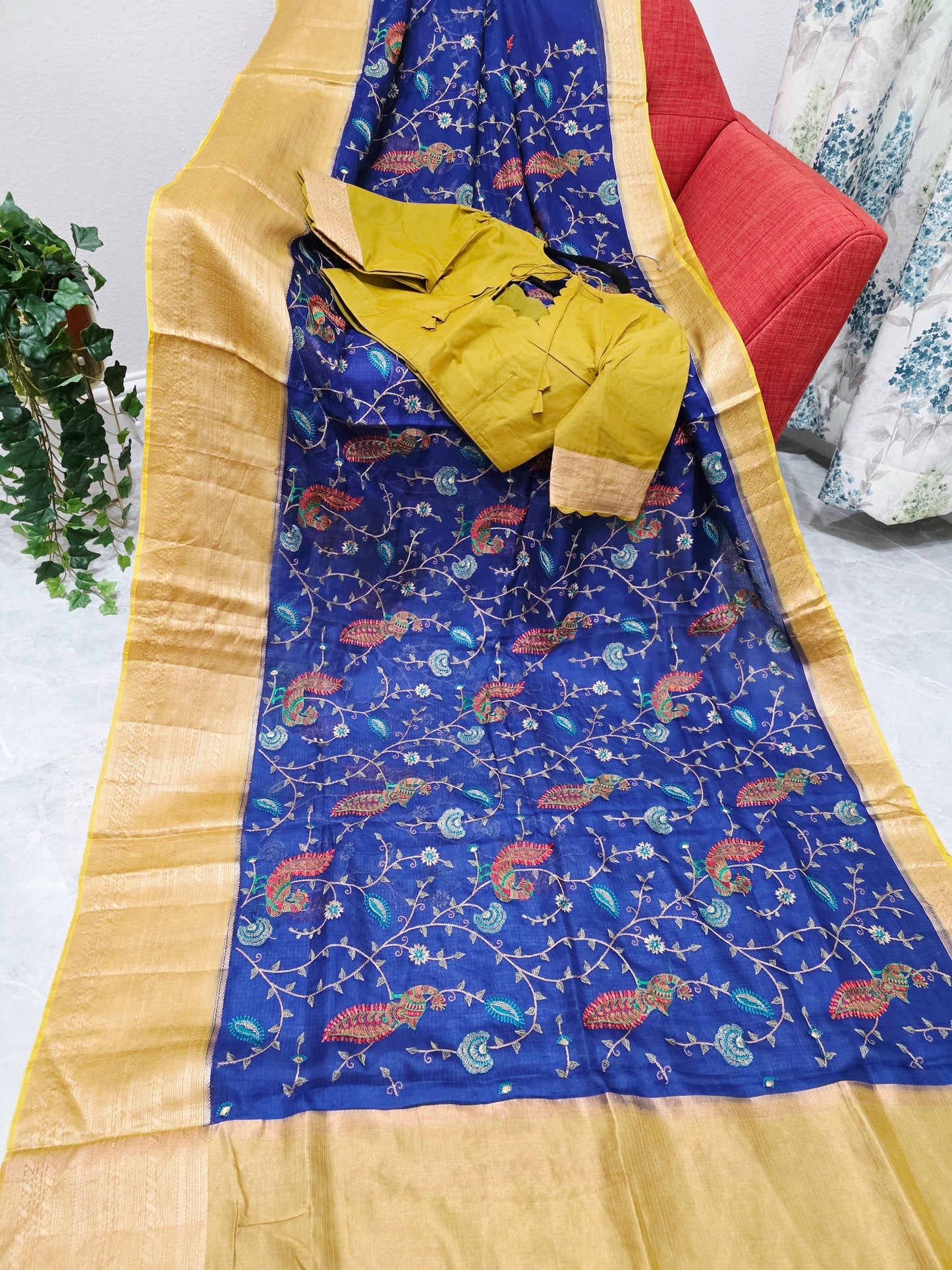 Royal Peacock Blue Kota Silk Meenakari Saree with Olive Mustard Blouse
