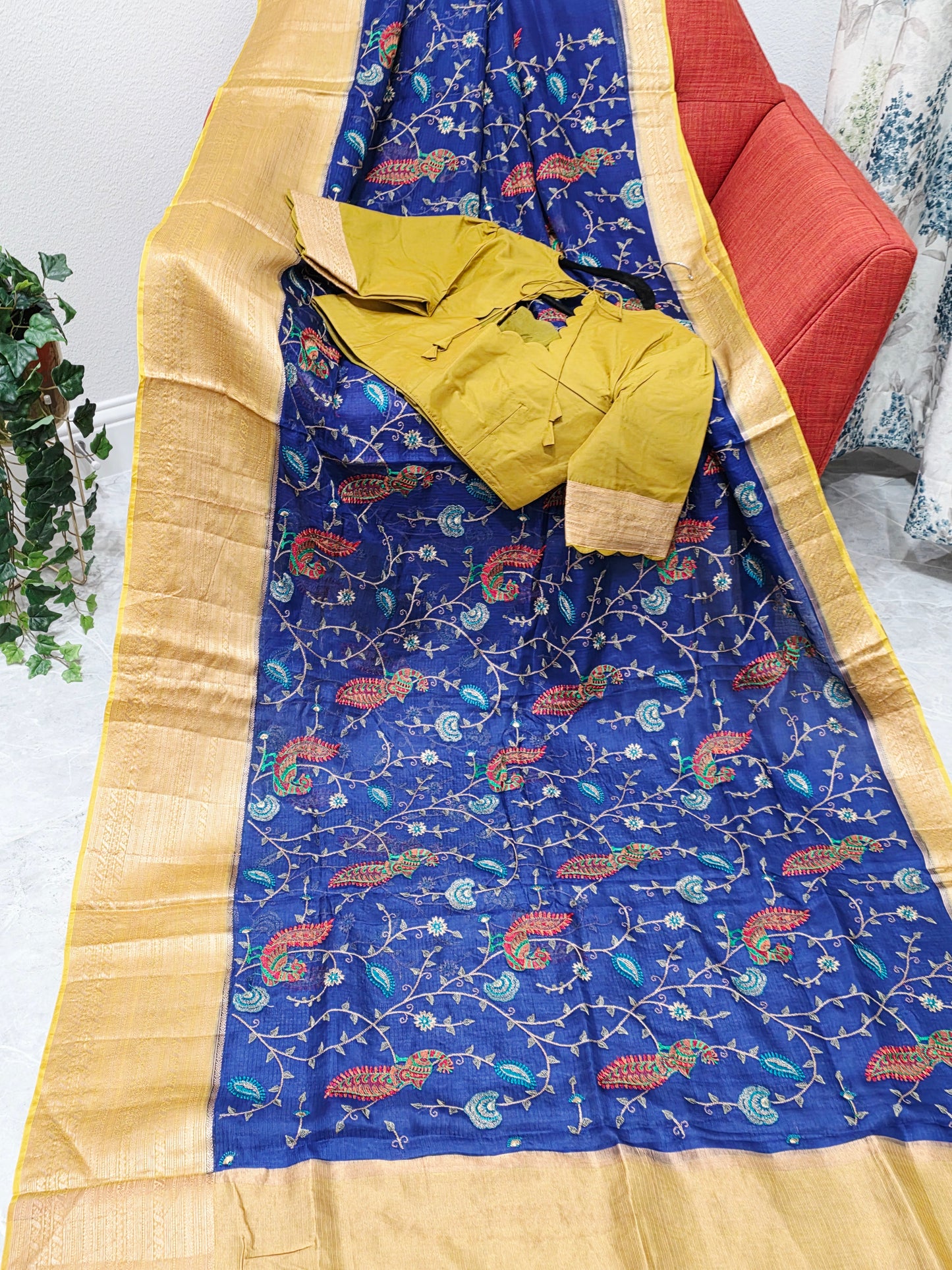 Royal Peacock Blue Kota Silk Meenakari Saree with Olive Mustard Blouse