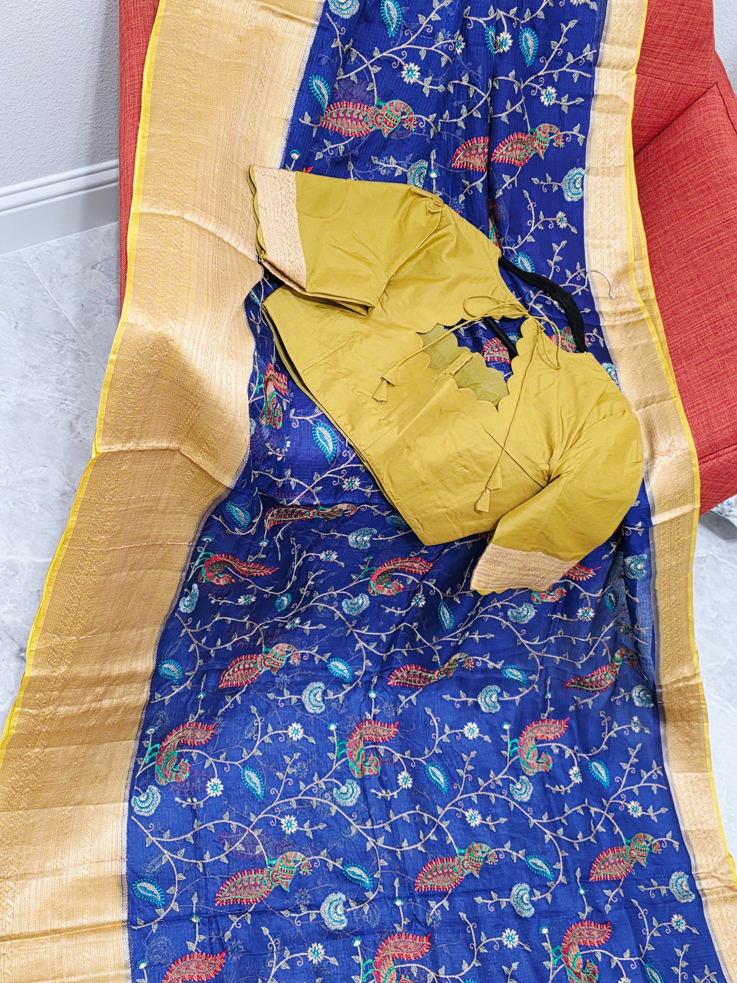 Royal Peacock Blue Kota Silk Meenakari Saree with Olive Mustard Blouse