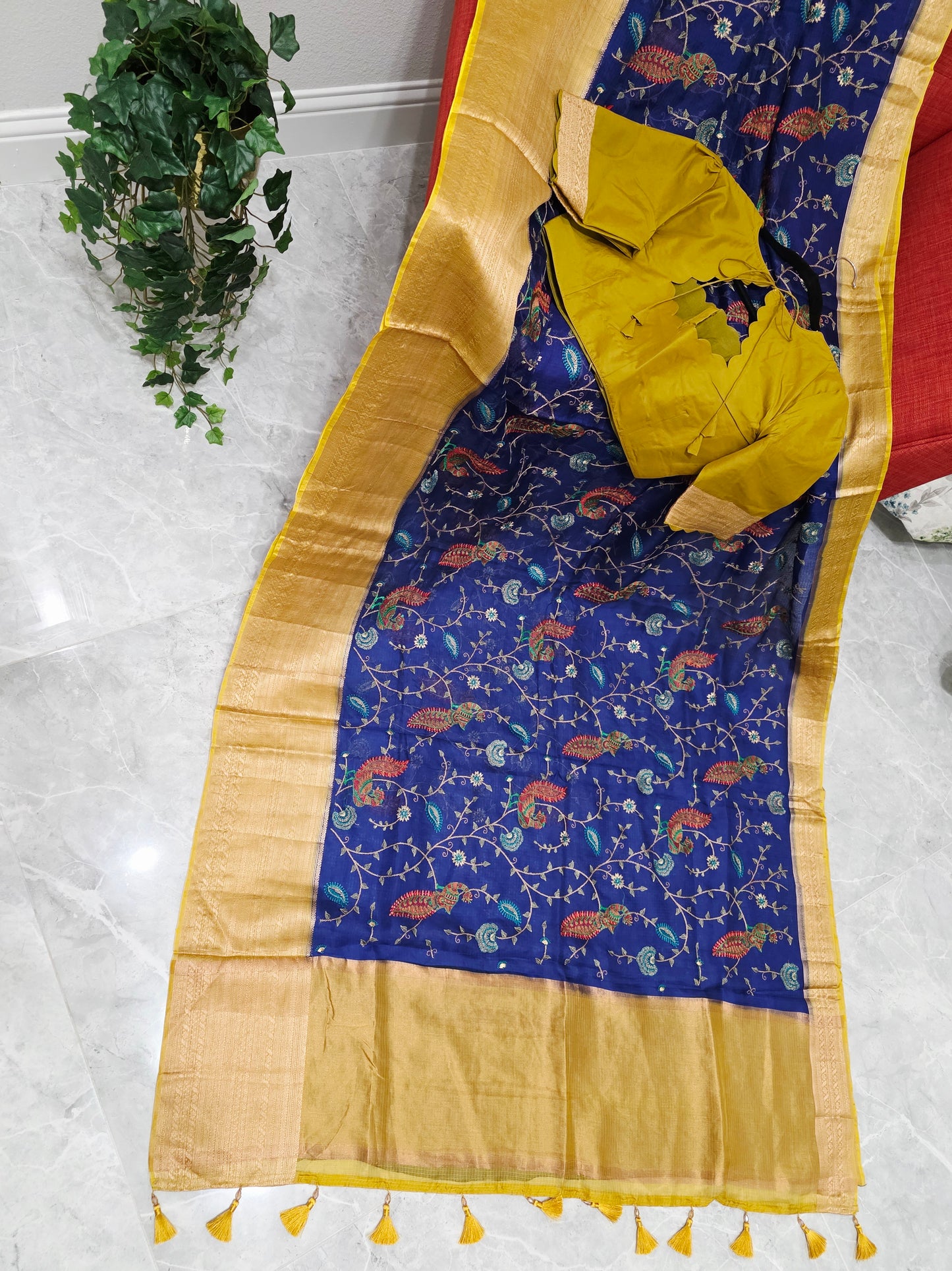 Royal Peacock Blue Kota Silk Meenakari Saree with Olive Mustard Blouse