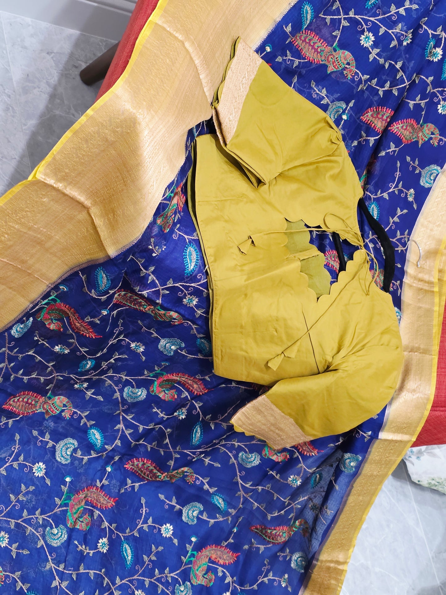 Royal Peacock Blue Kota Silk Meenakari Saree with Olive Mustard Blouse