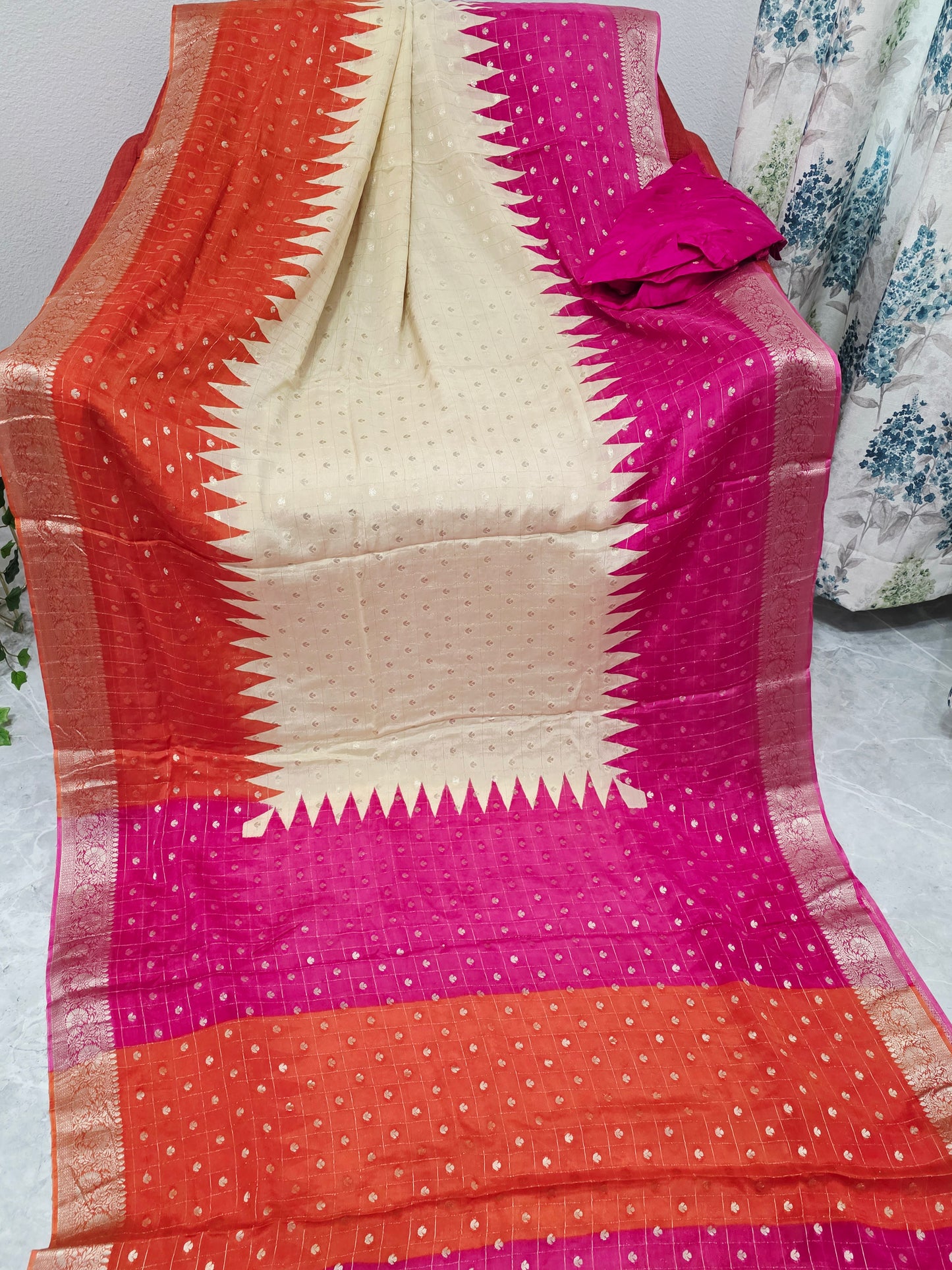 Sunset Coral Ivory Magenta Chinon Chiffon Checkered Saree