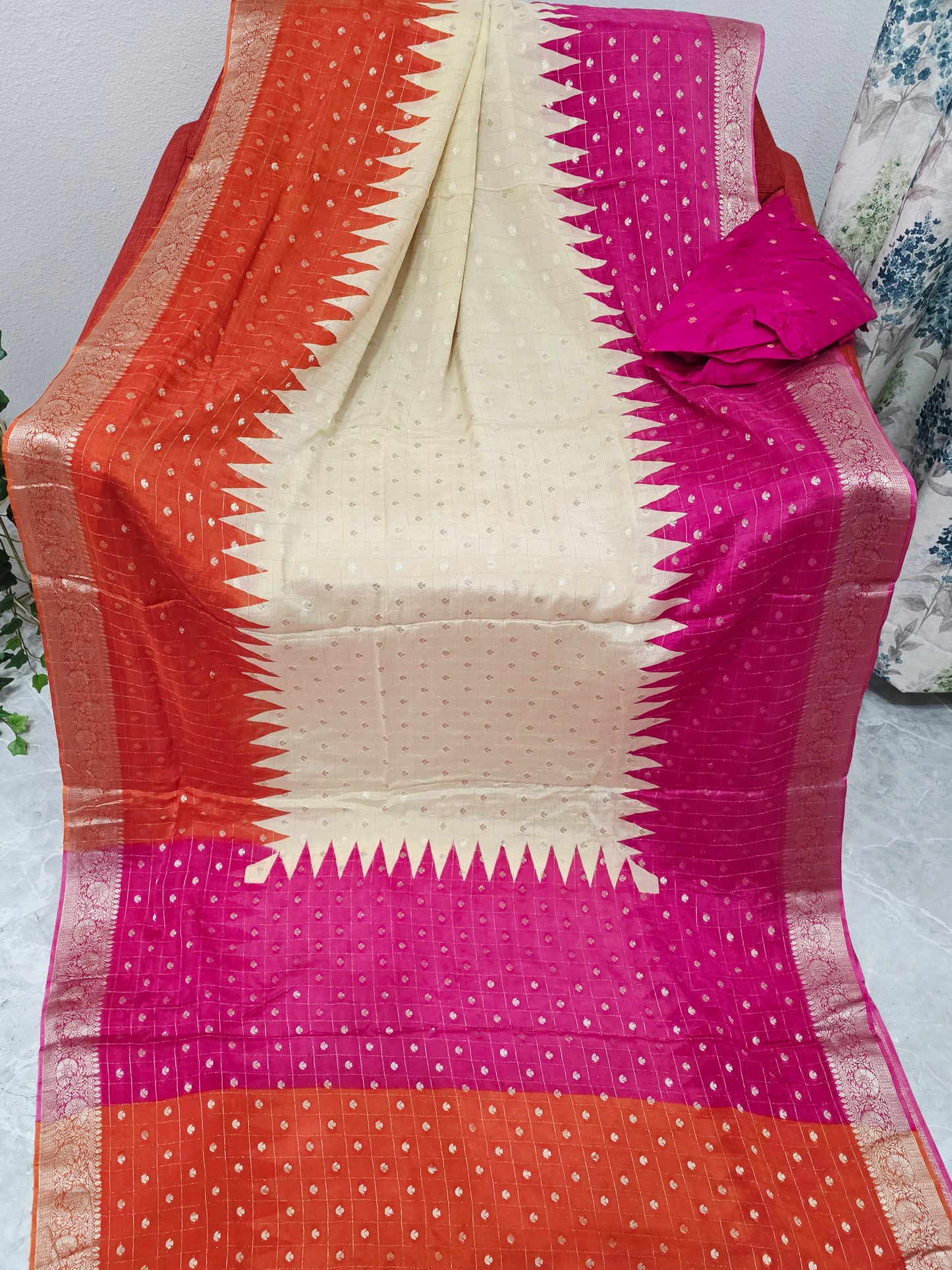Sunset Coral Ivory Magenta Chinon Chiffon Checkered Saree