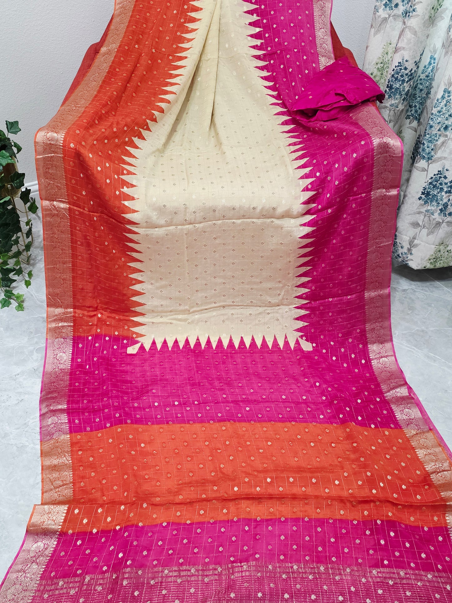 Sunset Coral Ivory Magenta Chinon Chiffon Checkered Saree