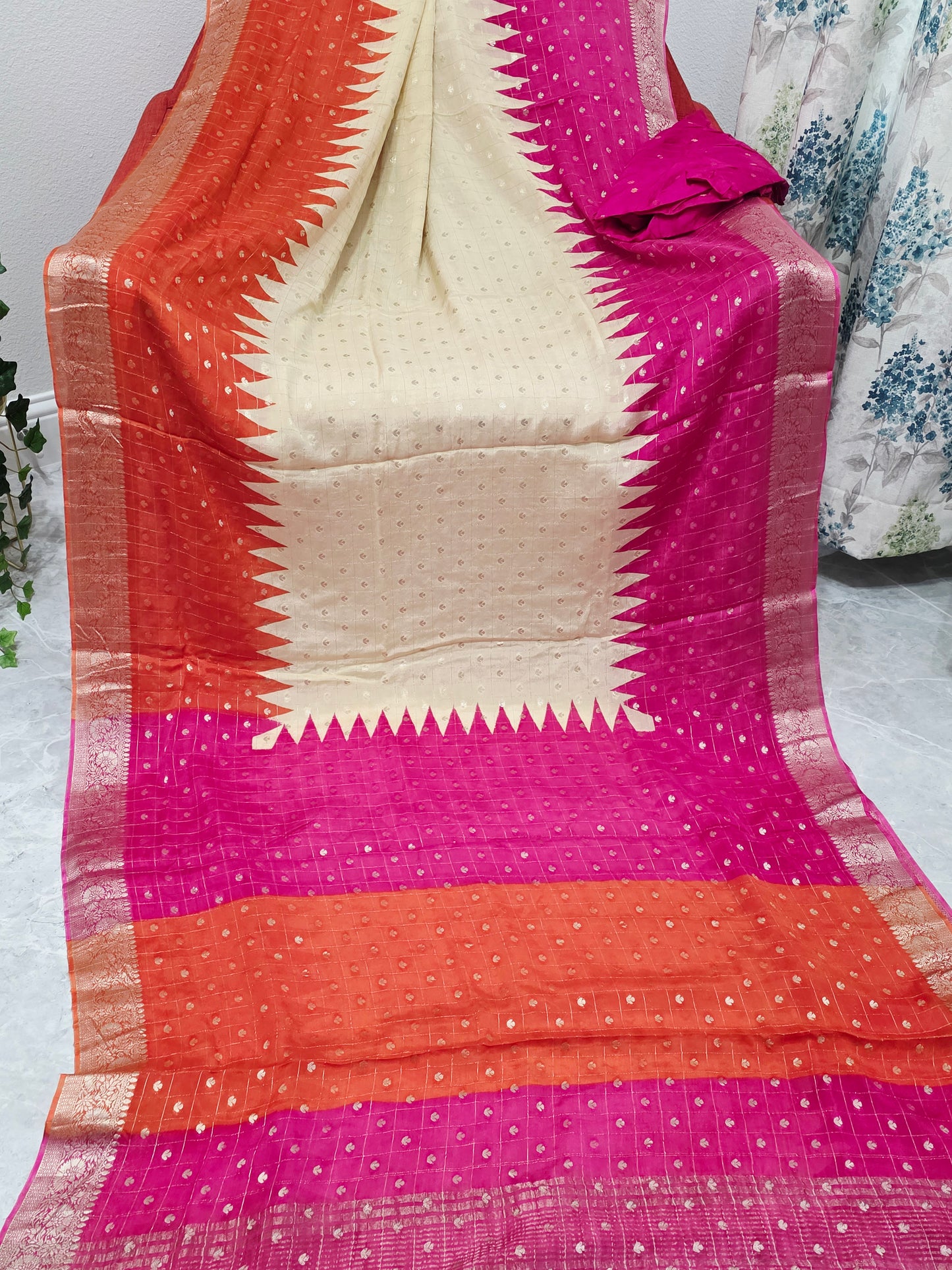 Sunset Coral Ivory Magenta Chinon Chiffon Checkered Saree