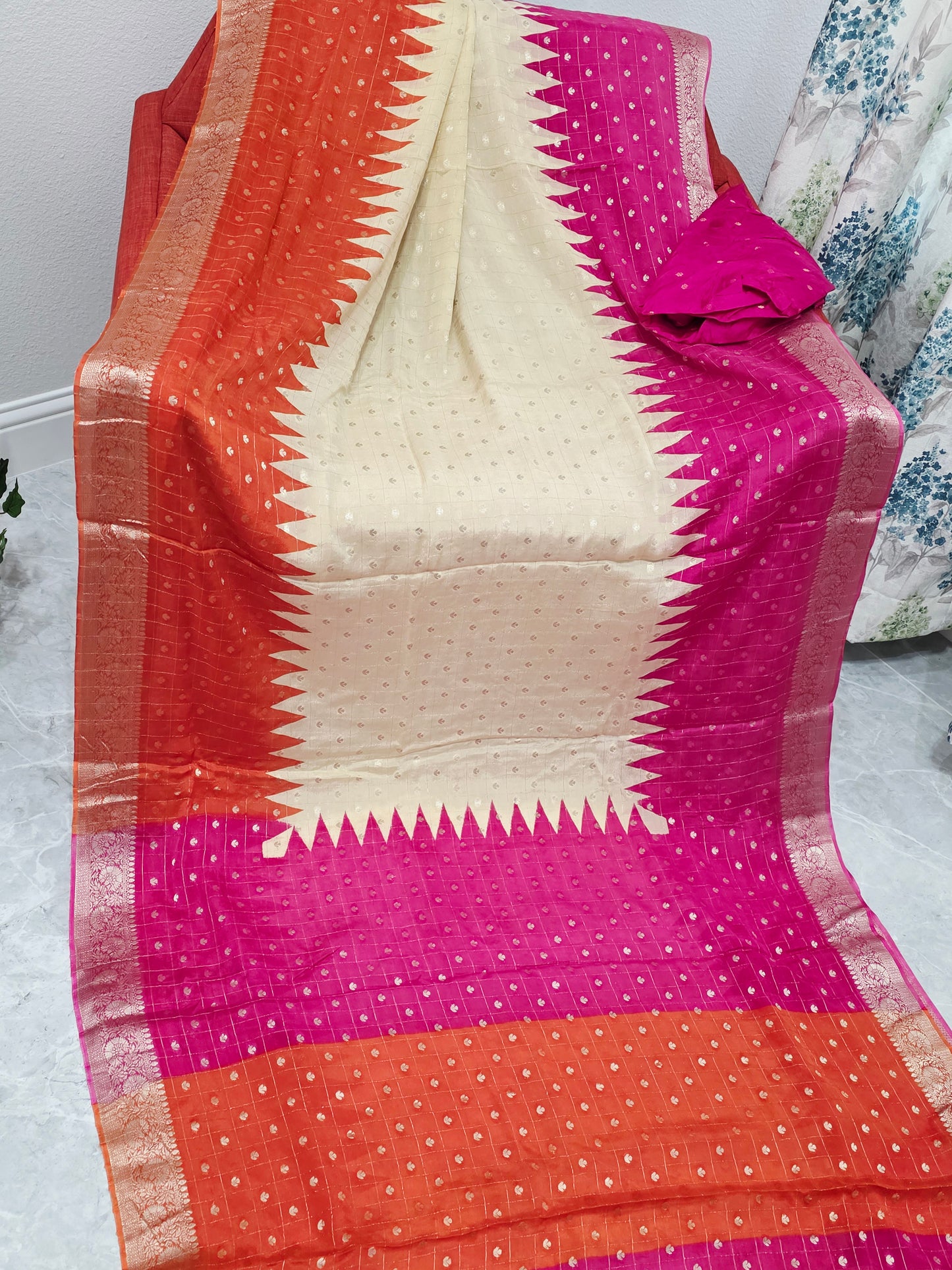 Sunset Coral Ivory Magenta Chinon Chiffon Checkered Saree