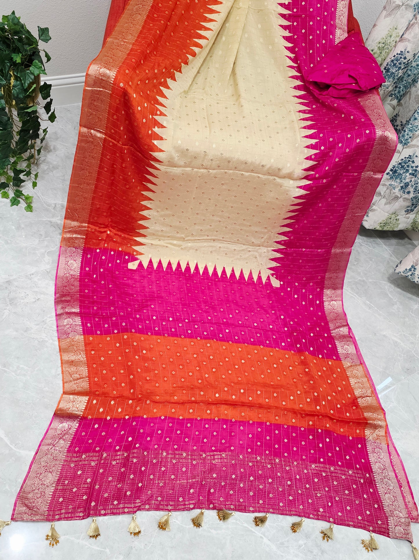 Sunset Coral Ivory Magenta Chinon Chiffon Checkered Saree