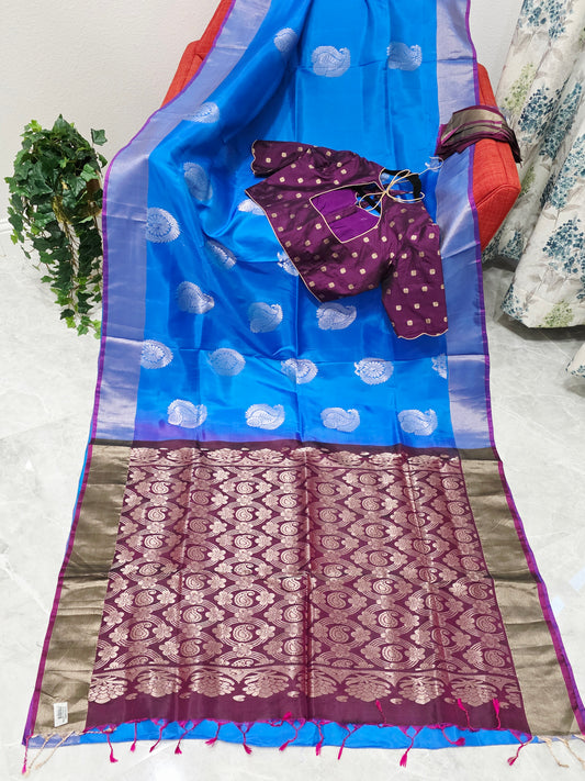 Azure Sapphire Semi Kanchi Soft Silk Saree with Benarasi Blouse