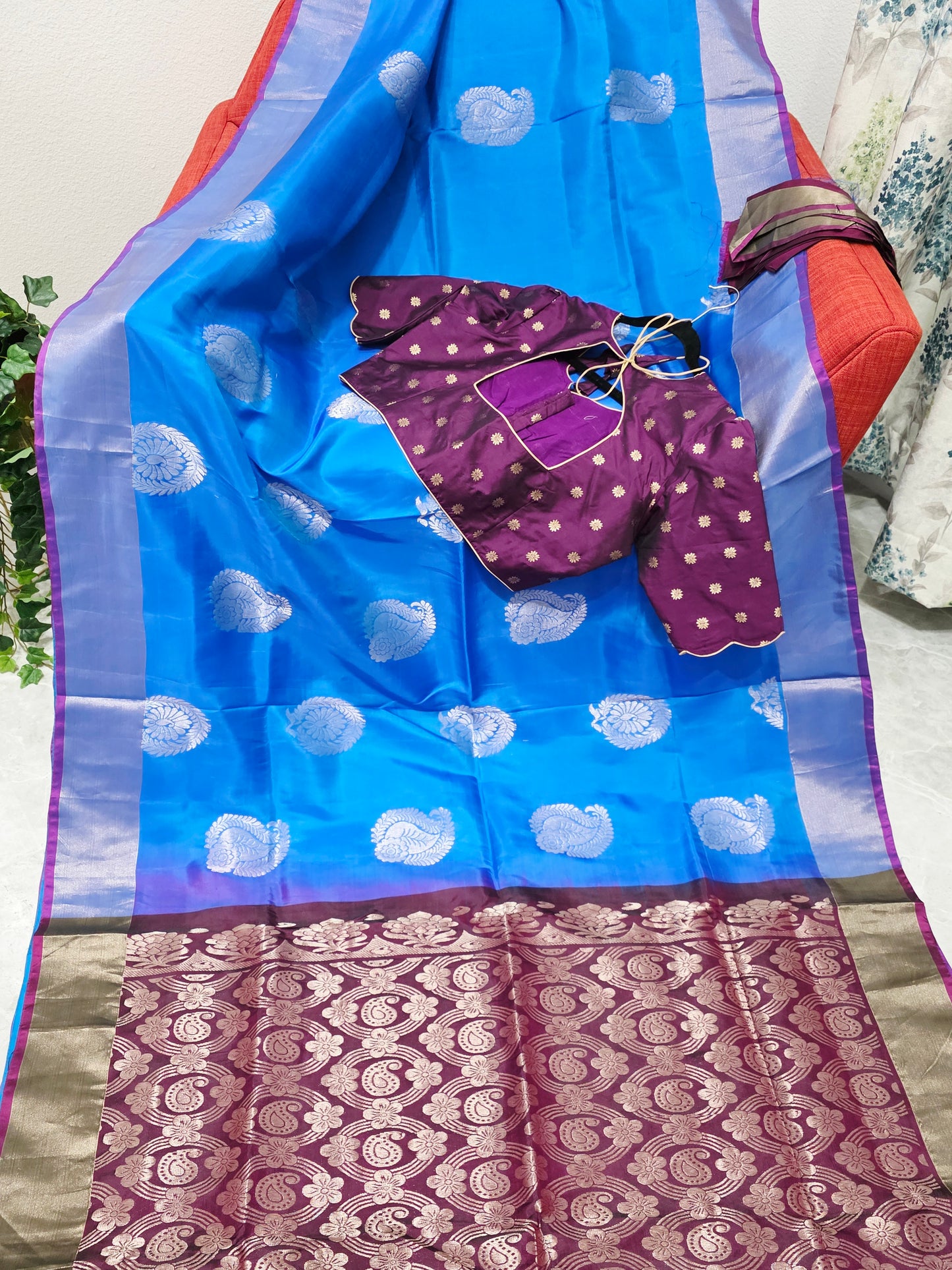 Azure Sapphire Semi Kanchi Soft Silk Saree with Benarasi Blouse