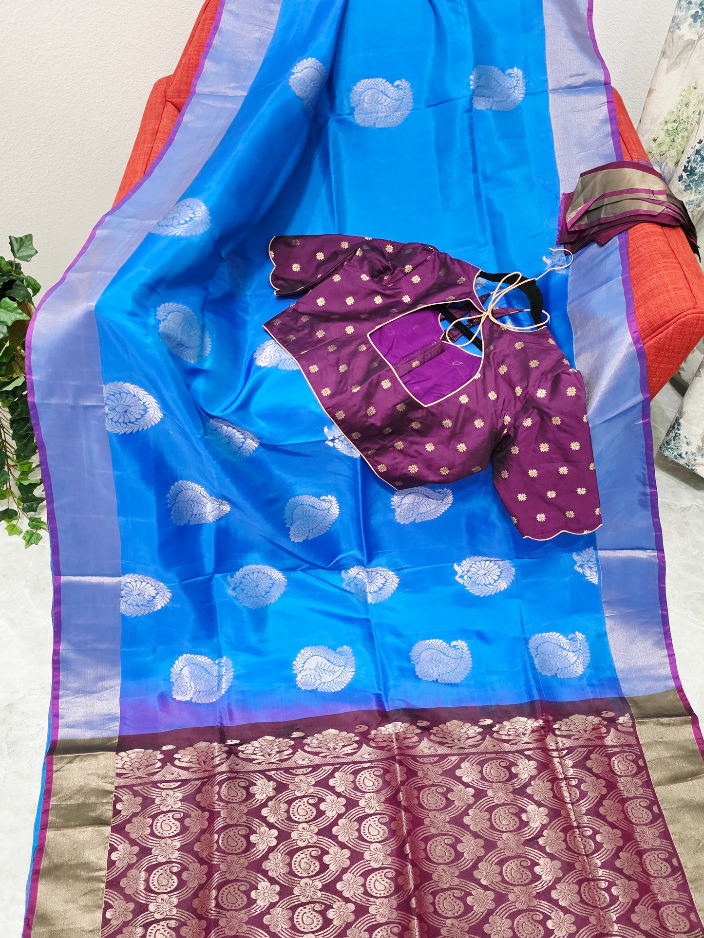 Azure Sapphire Semi Kanchi Soft Silk Saree with Benarasi Blouse