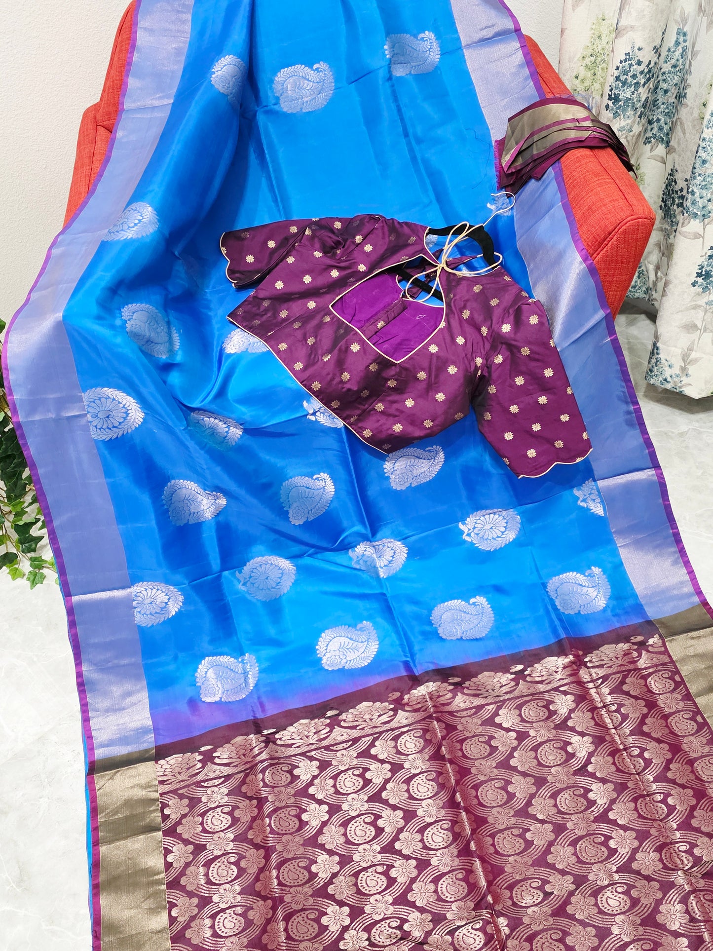 Azure Sapphire Semi Kanchi Soft Silk Saree with Benarasi Blouse