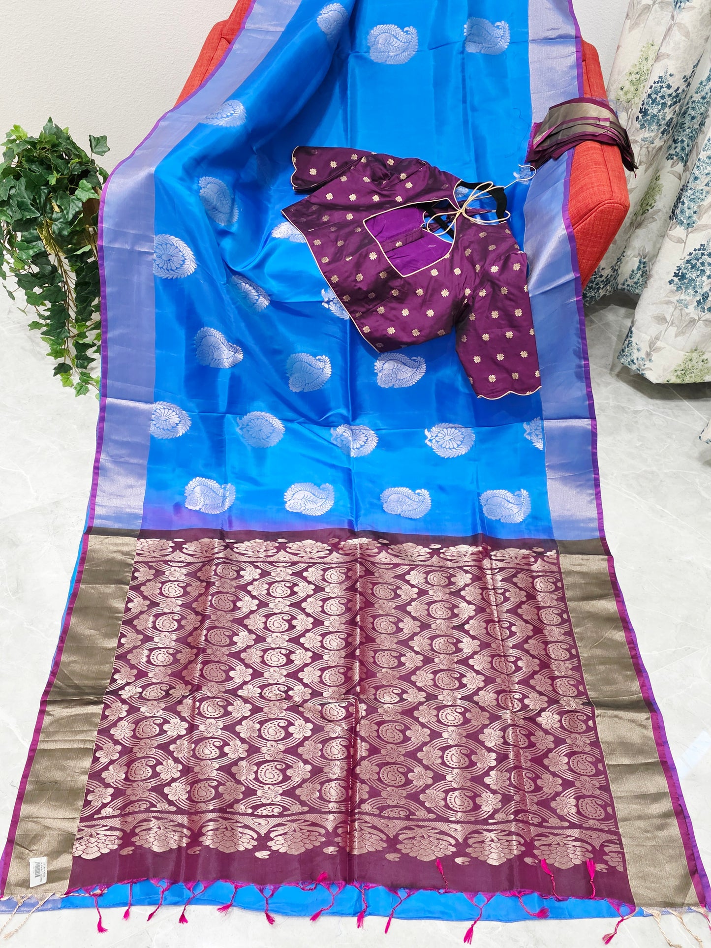 Azure Sapphire Semi Kanchi Soft Silk Saree with Benarasi Blouse