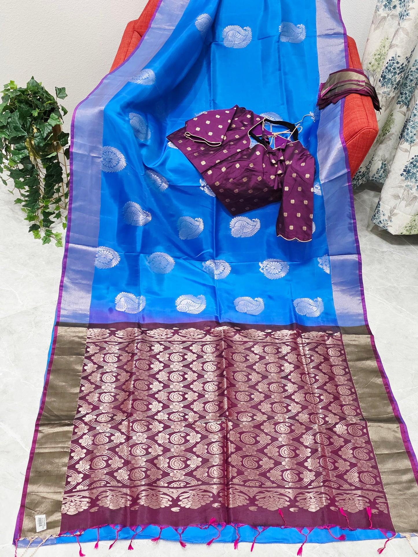 Azure Sapphire Semi Kanchi Soft Silk Saree with Benarasi Blouse