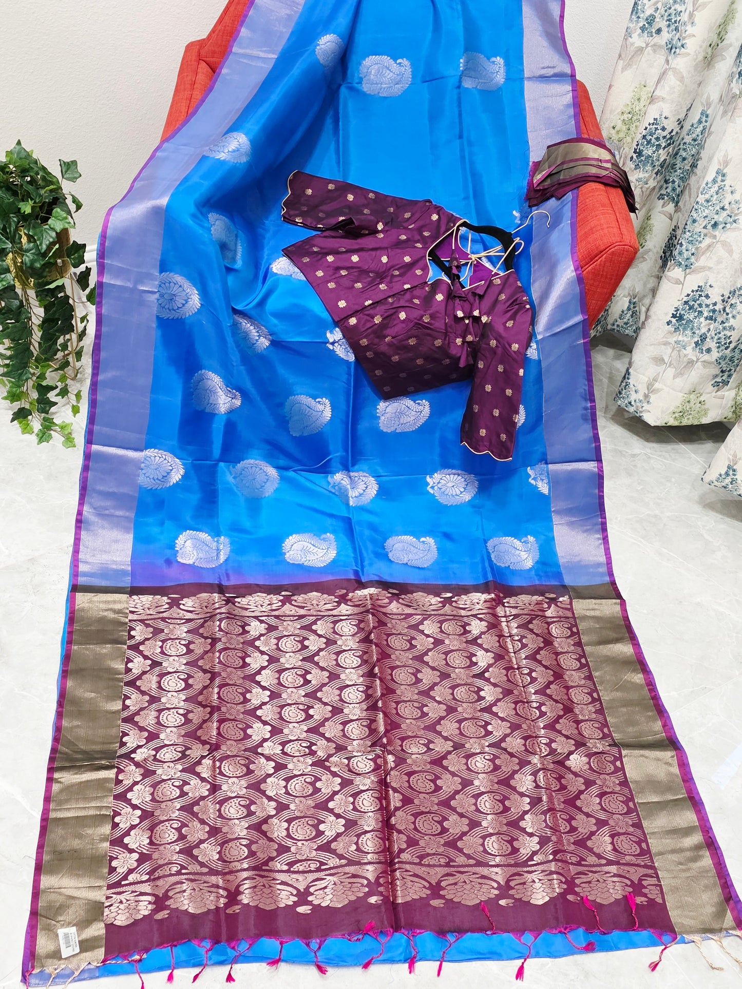Azure Sapphire Semi Kanchi Soft Silk Saree with Benarasi Blouse