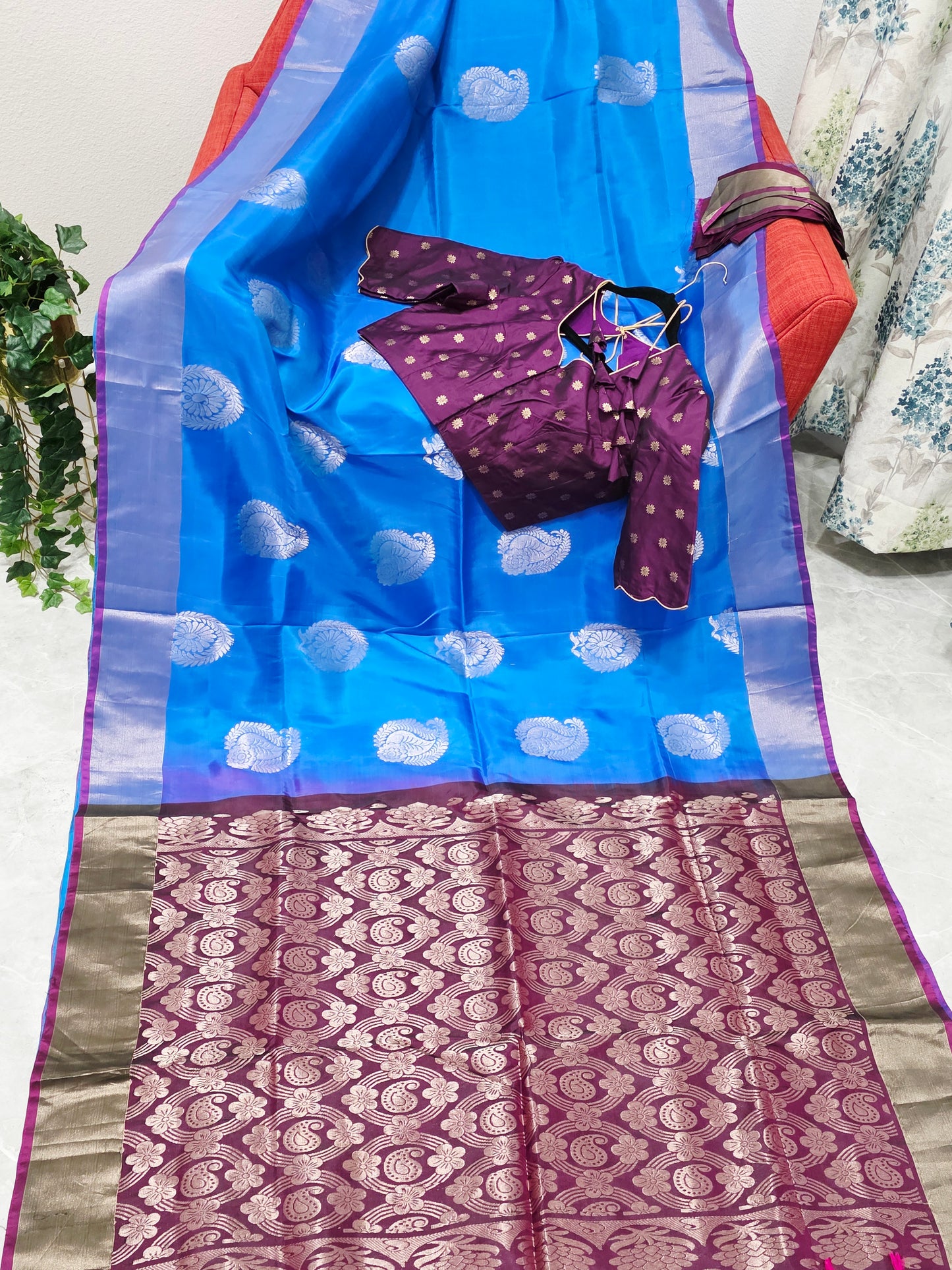 Azure Sapphire Semi Kanchi Soft Silk Saree with Benarasi Blouse