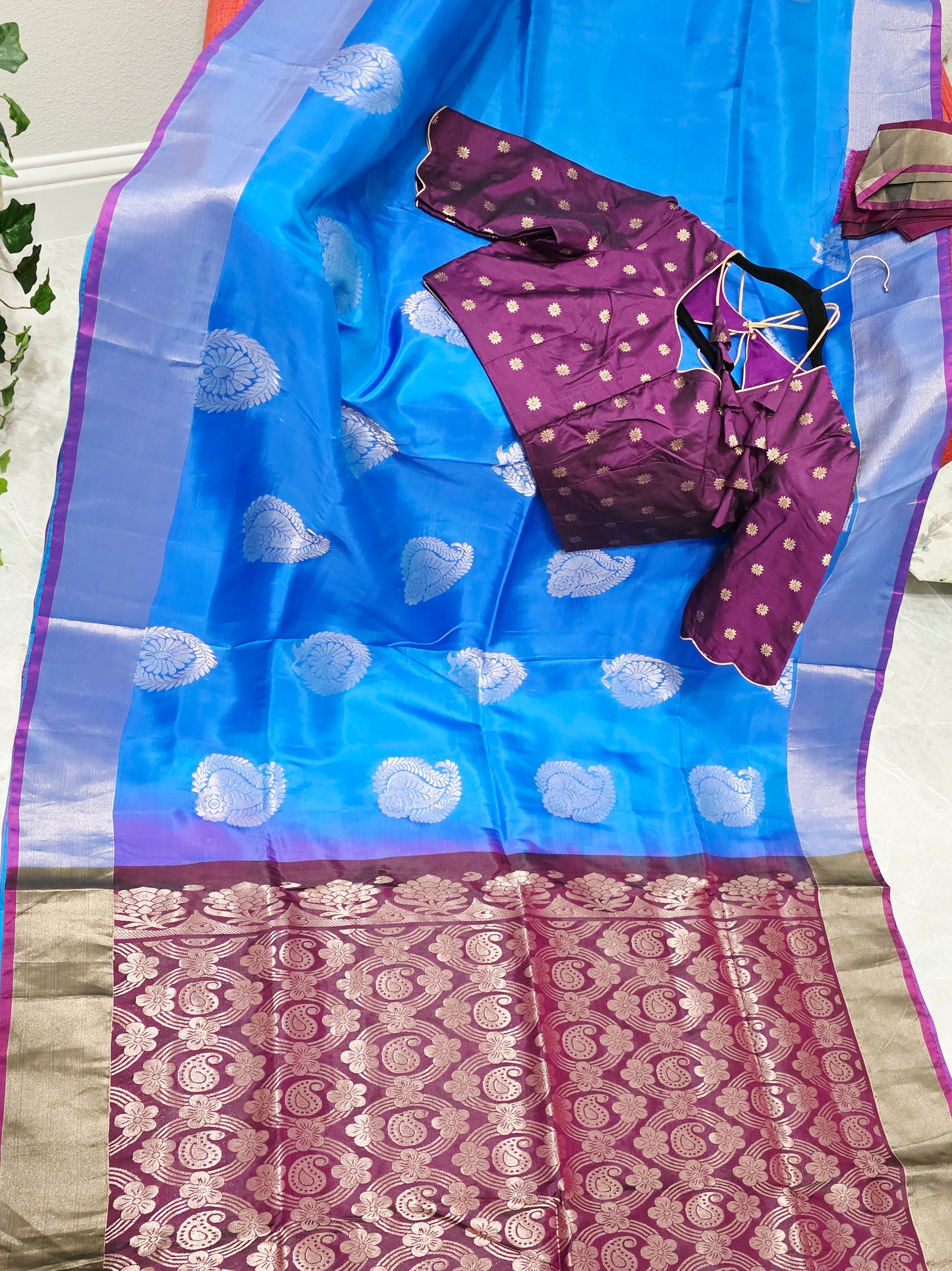 Azure Sapphire Semi Kanchi Soft Silk Saree with Benarasi Blouse