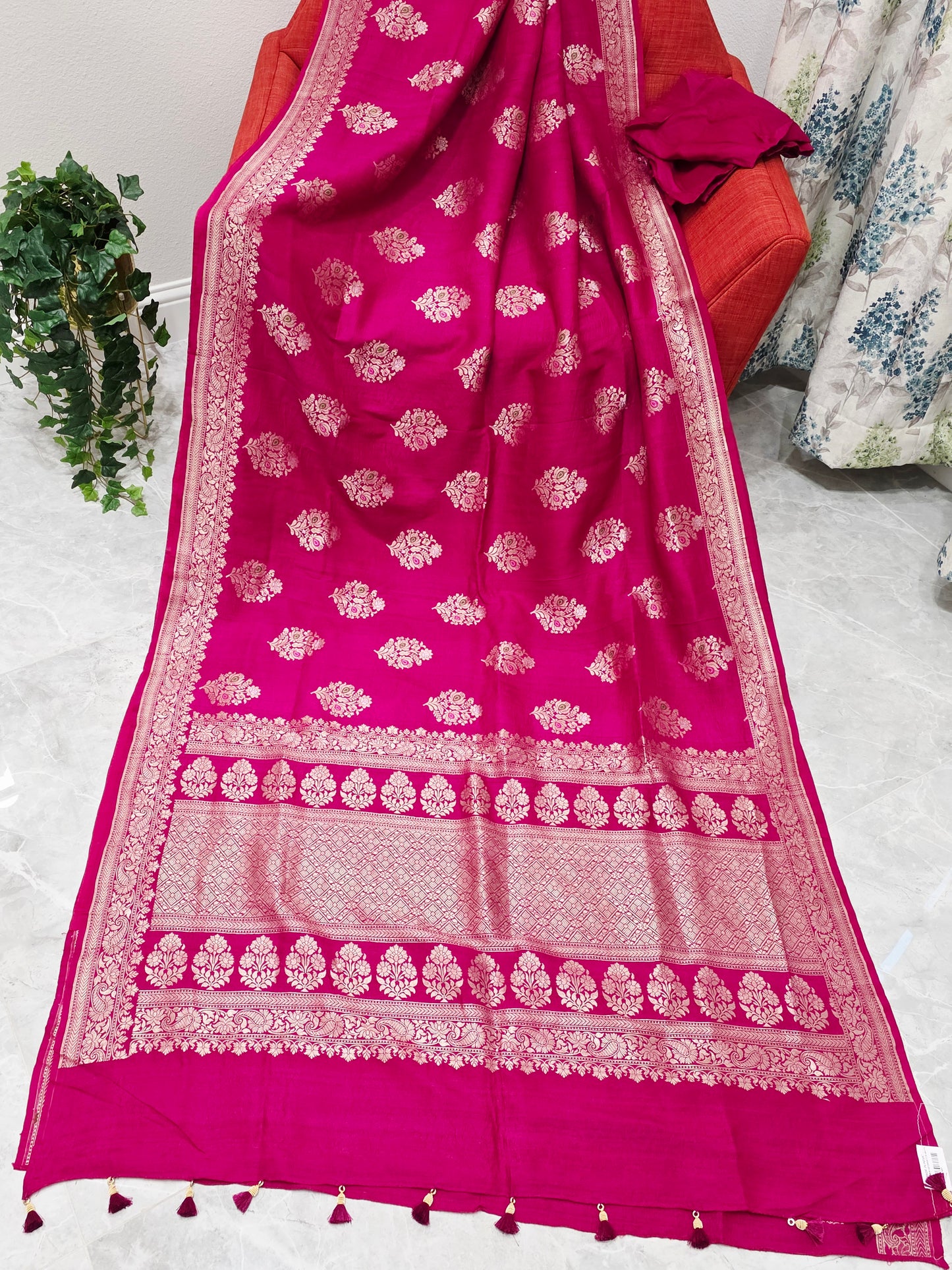 Royal Fuchsia Magenta Tussar Georgette Saree with Gold Zari Border
