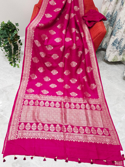 Royal Fuchsia Magenta Tussar Georgette Saree with Gold Zari Border