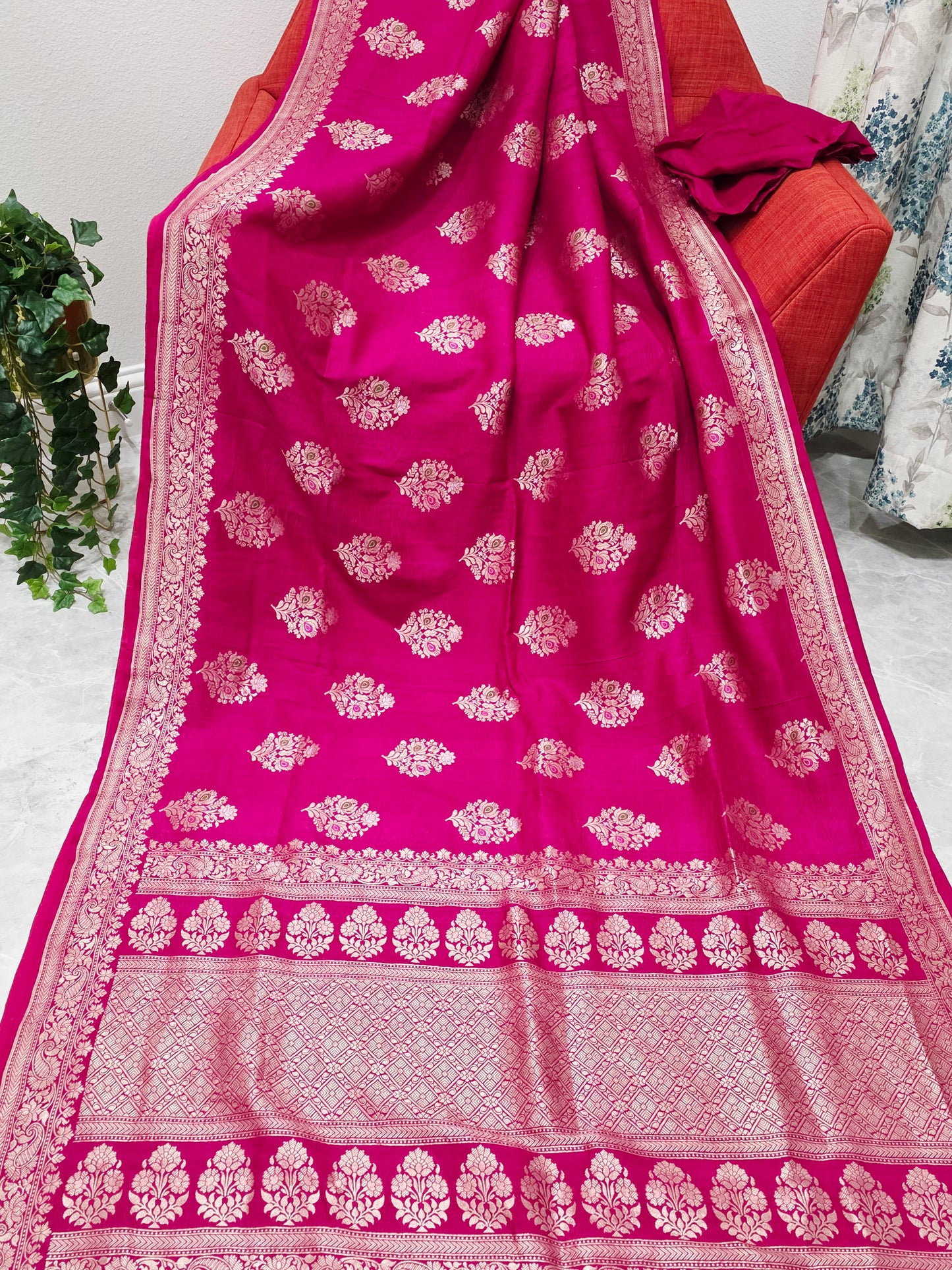 Royal Fuchsia Magenta Tussar Georgette Saree with Gold Zari Border
