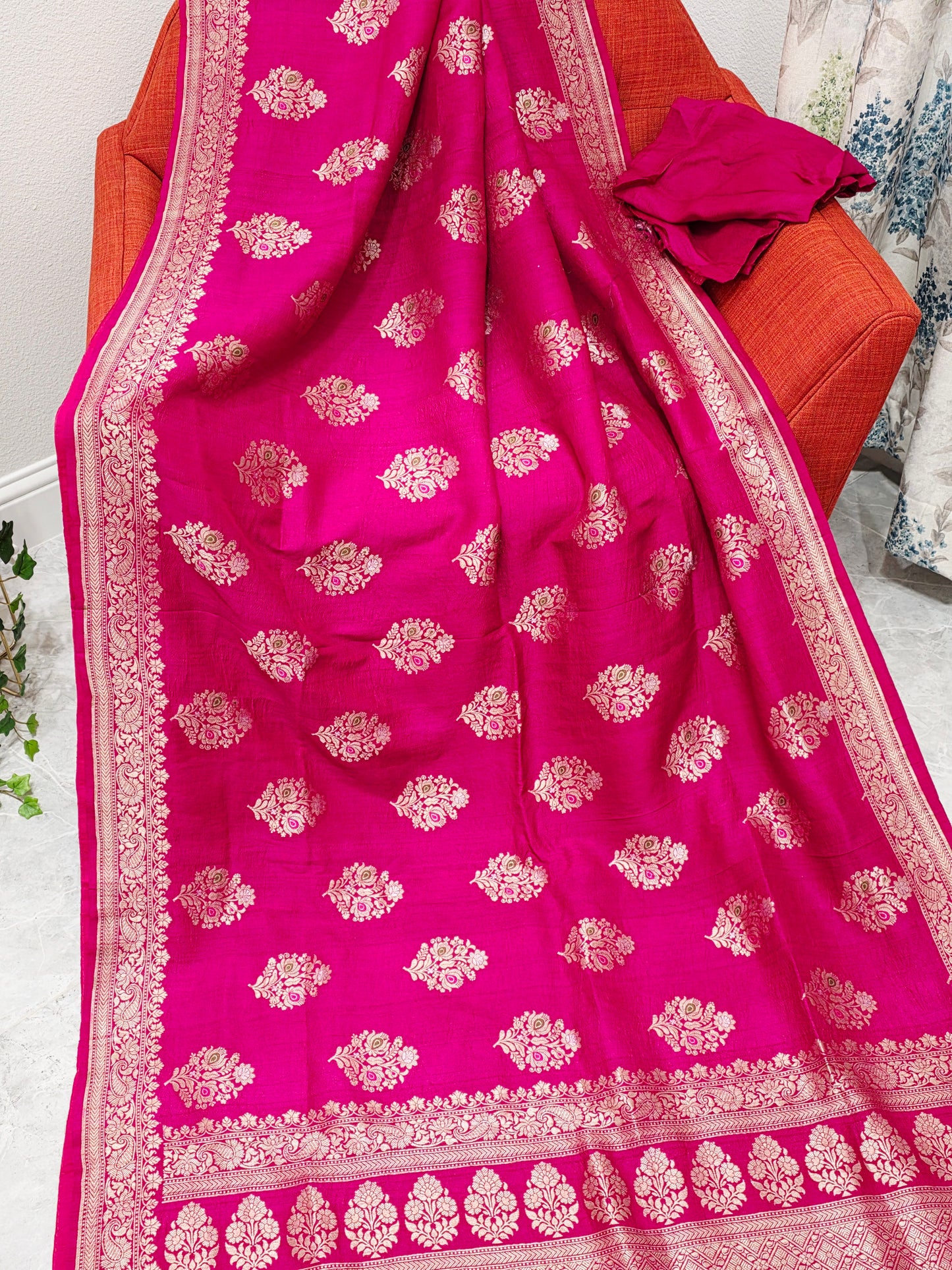 Royal Fuchsia Magenta Tussar Georgette Saree with Gold Zari Border