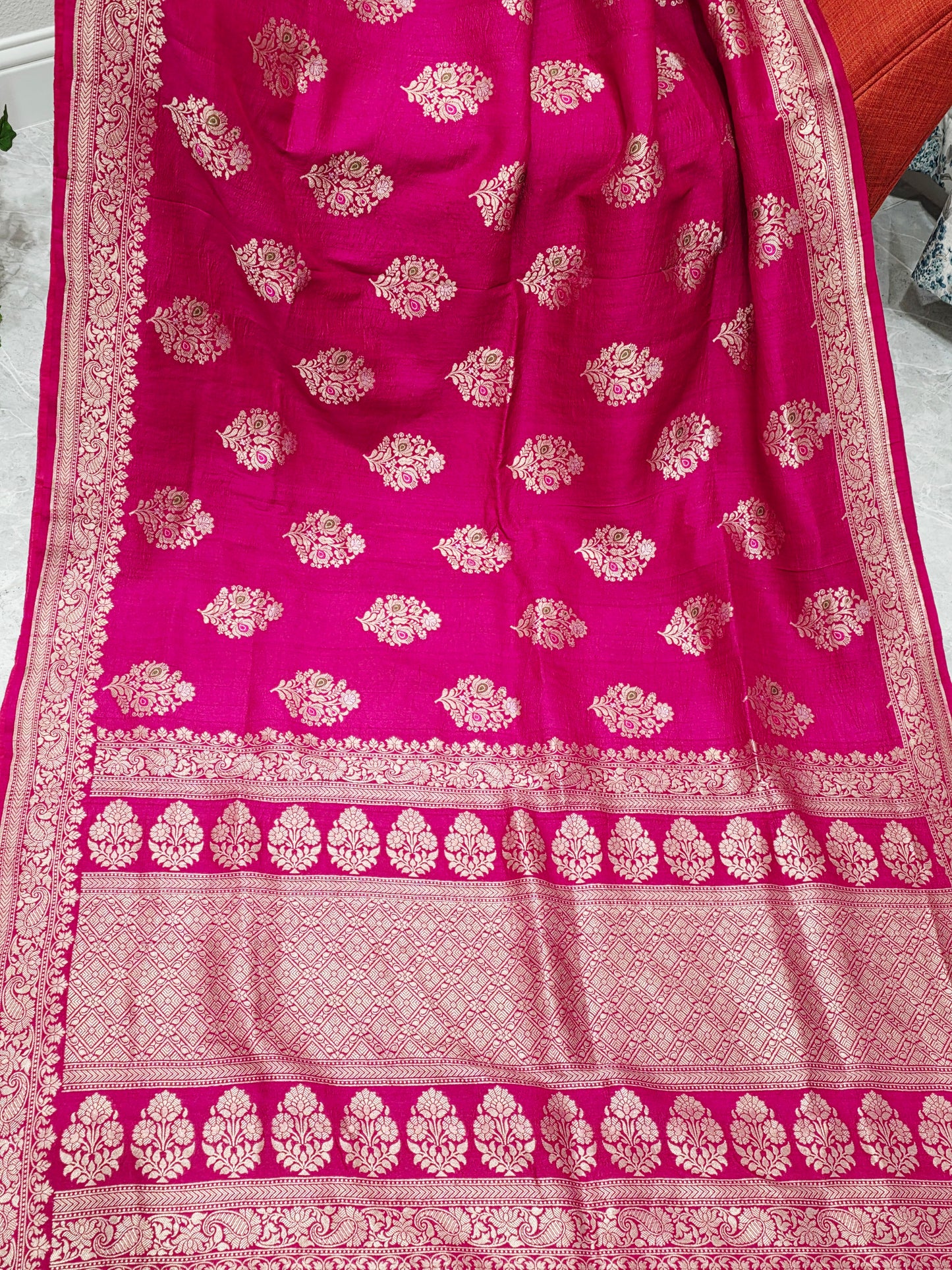 Royal Fuchsia Magenta Tussar Georgette Saree with Gold Zari Border