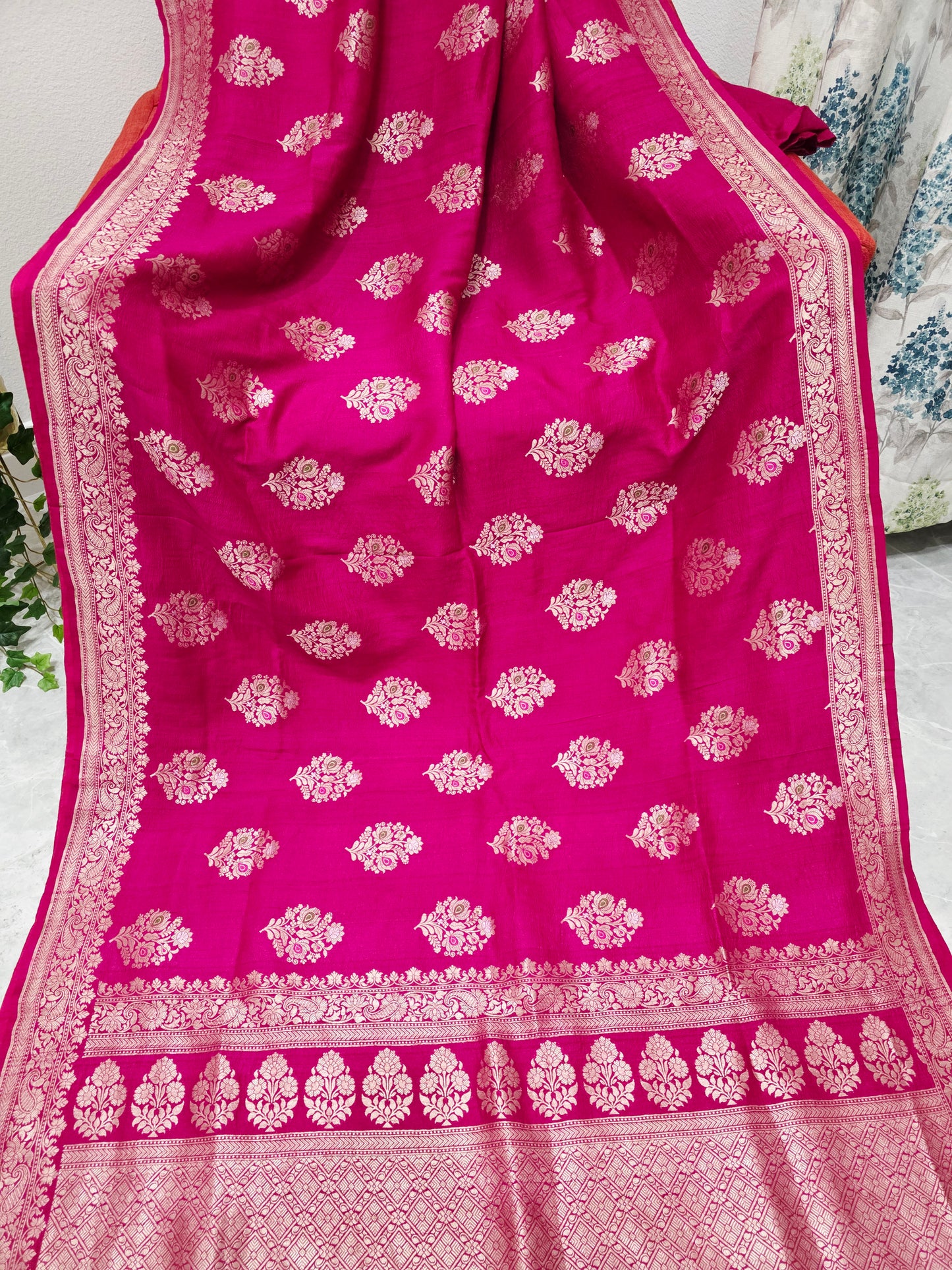Royal Fuchsia Magenta Tussar Georgette Saree with Gold Zari Border