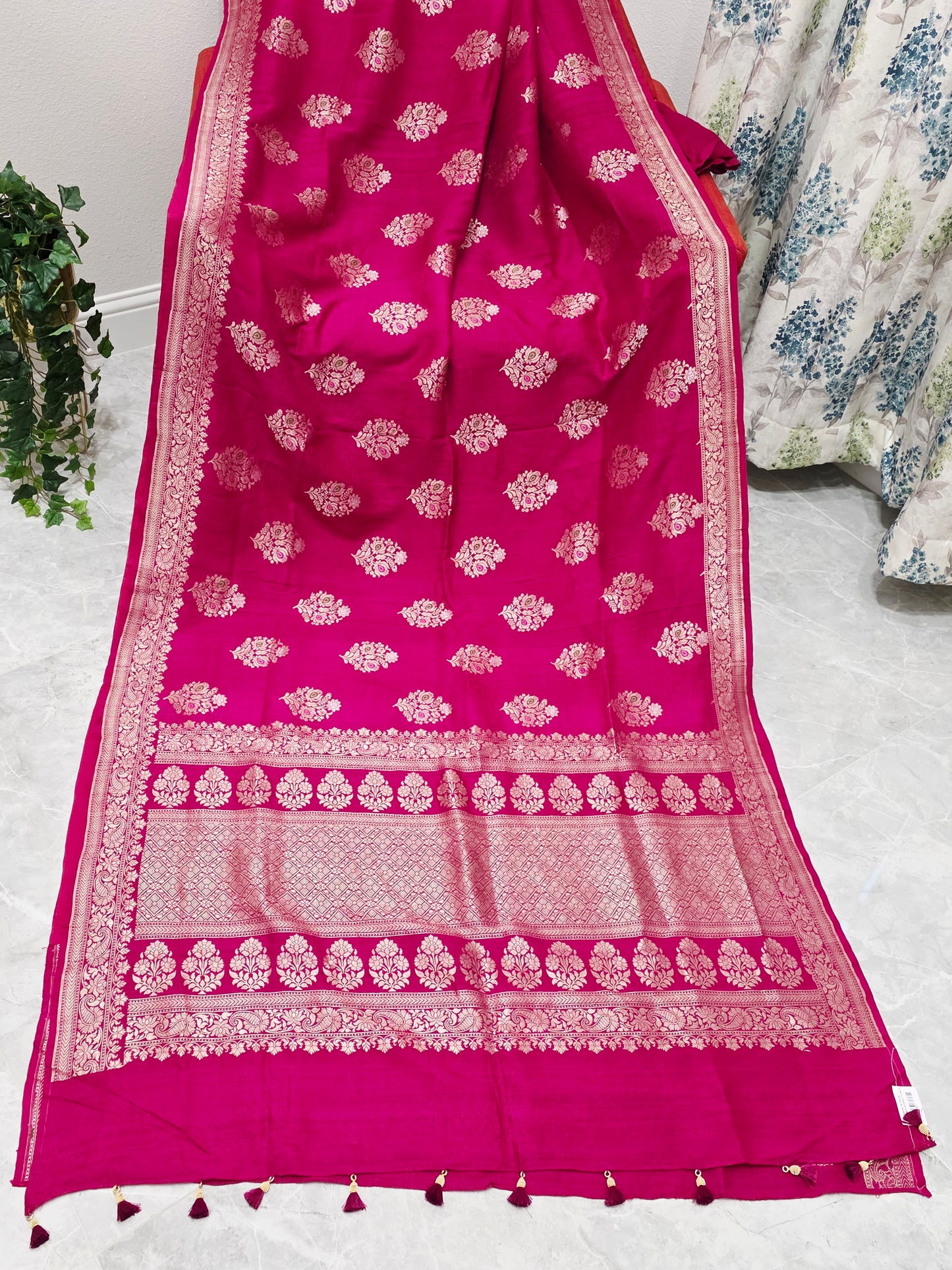Royal Fuchsia Magenta Tussar Georgette Saree with Gold Zari Border