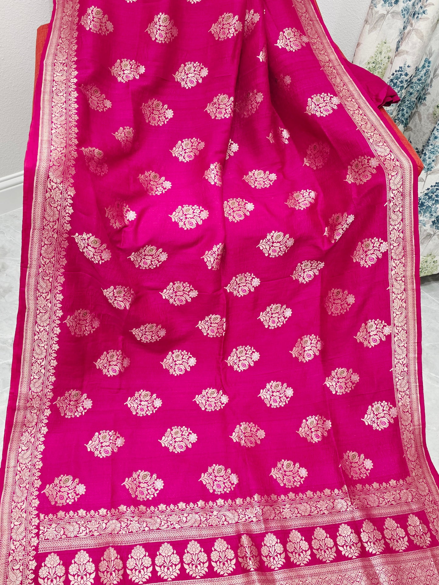 Royal Fuchsia Magenta Tussar Georgette Saree with Gold Zari Border