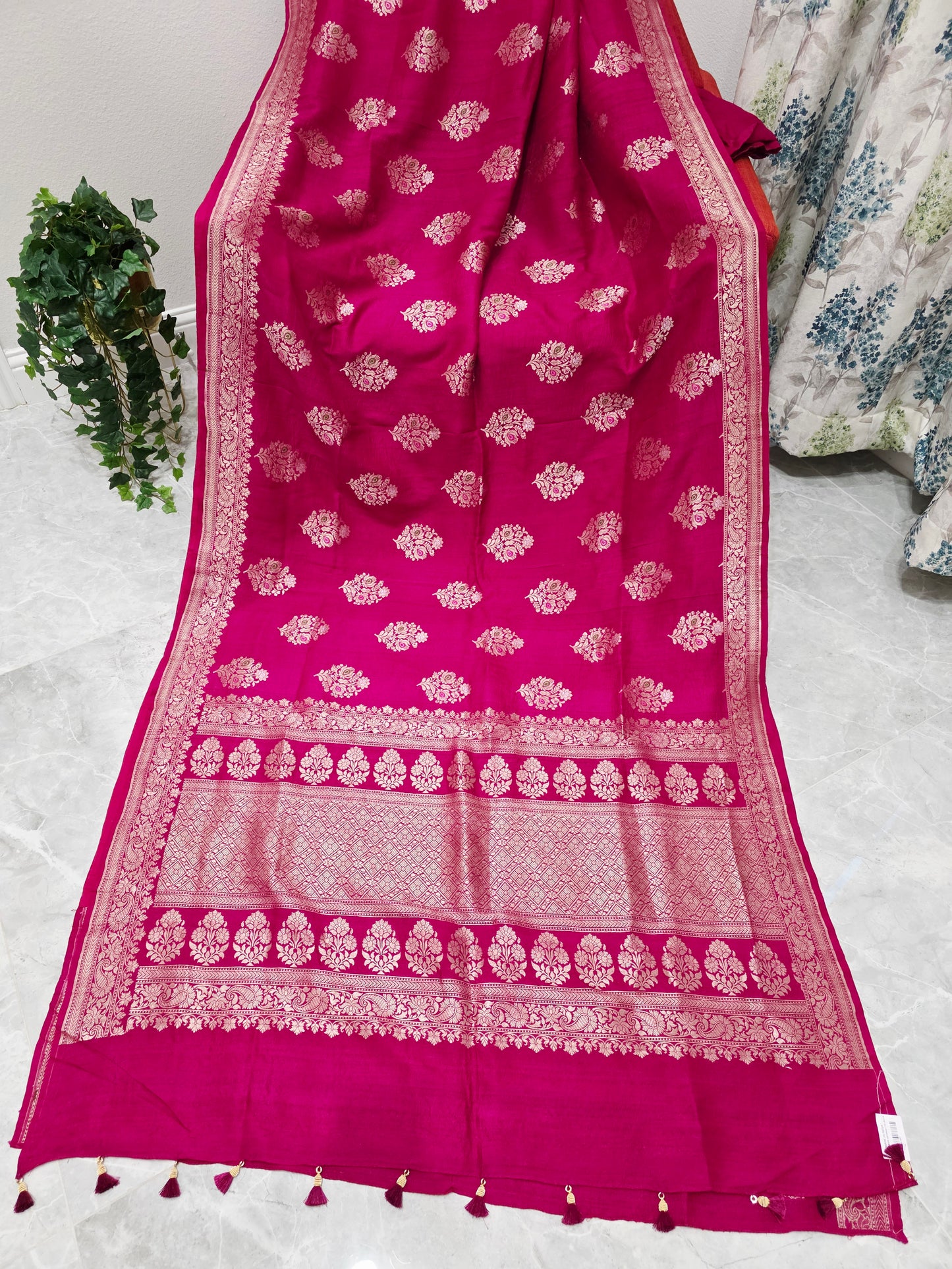 Royal Fuchsia Magenta Tussar Georgette Saree with Gold Zari Border