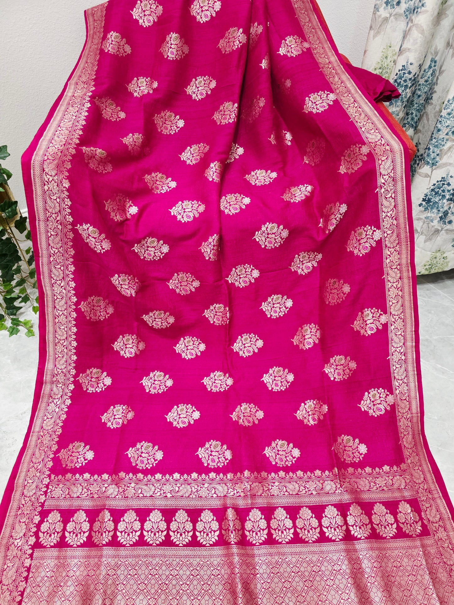 Royal Fuchsia Magenta Tussar Georgette Saree with Gold Zari Border