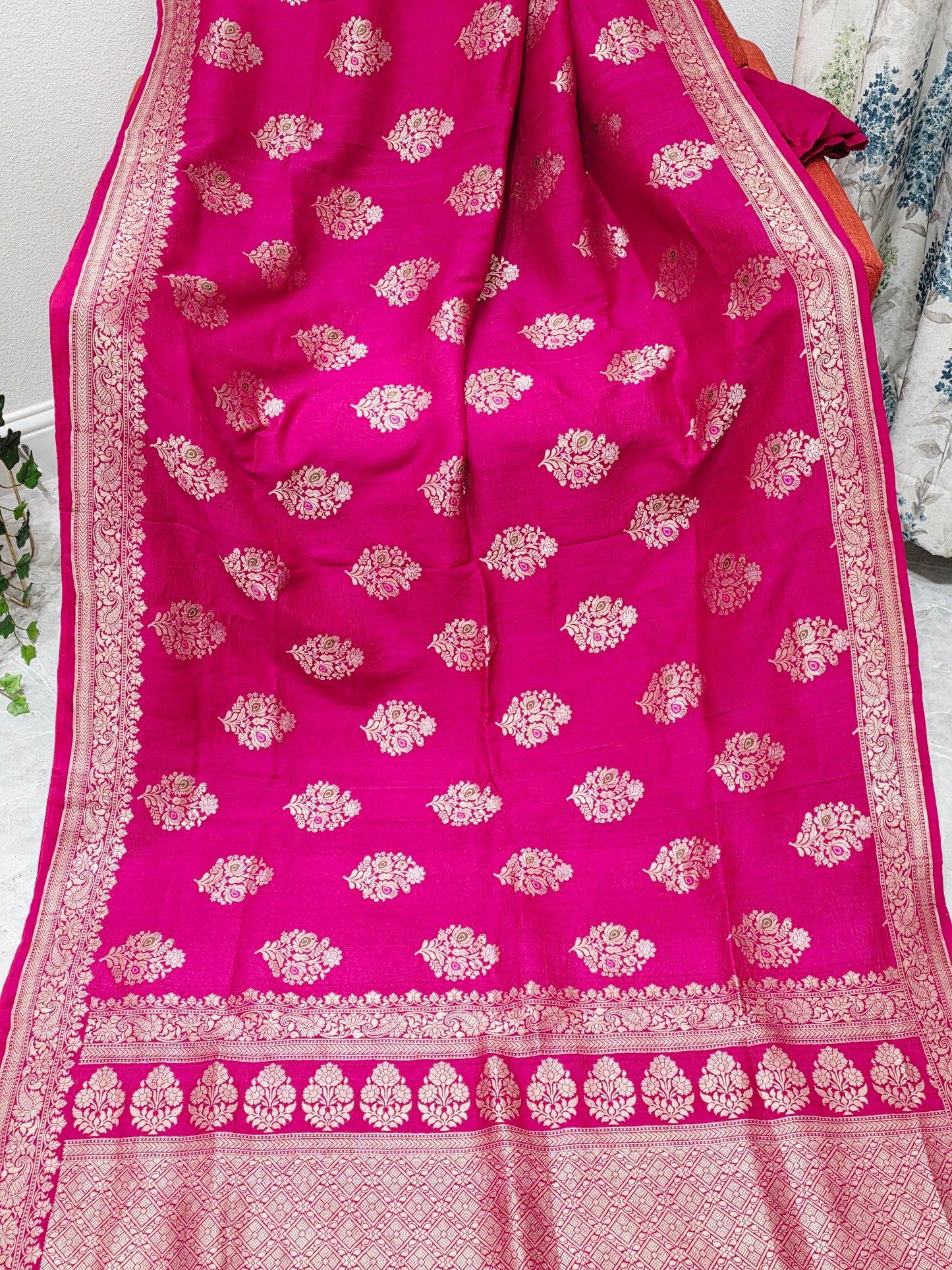 Royal Fuchsia Magenta Tussar Georgette Saree with Gold Zari Border