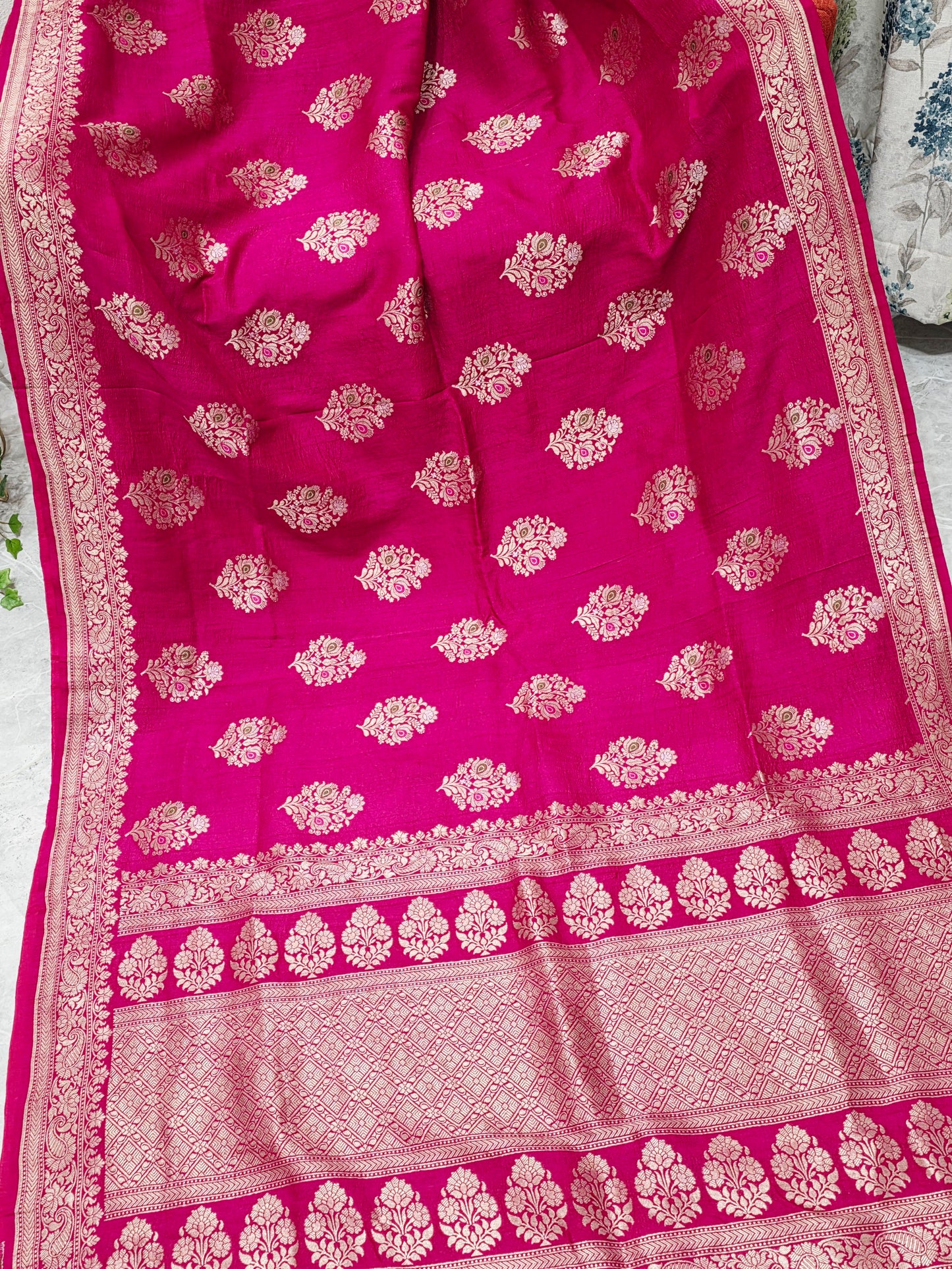Royal Fuchsia Magenta Tussar Georgette Saree with Gold Zari Border