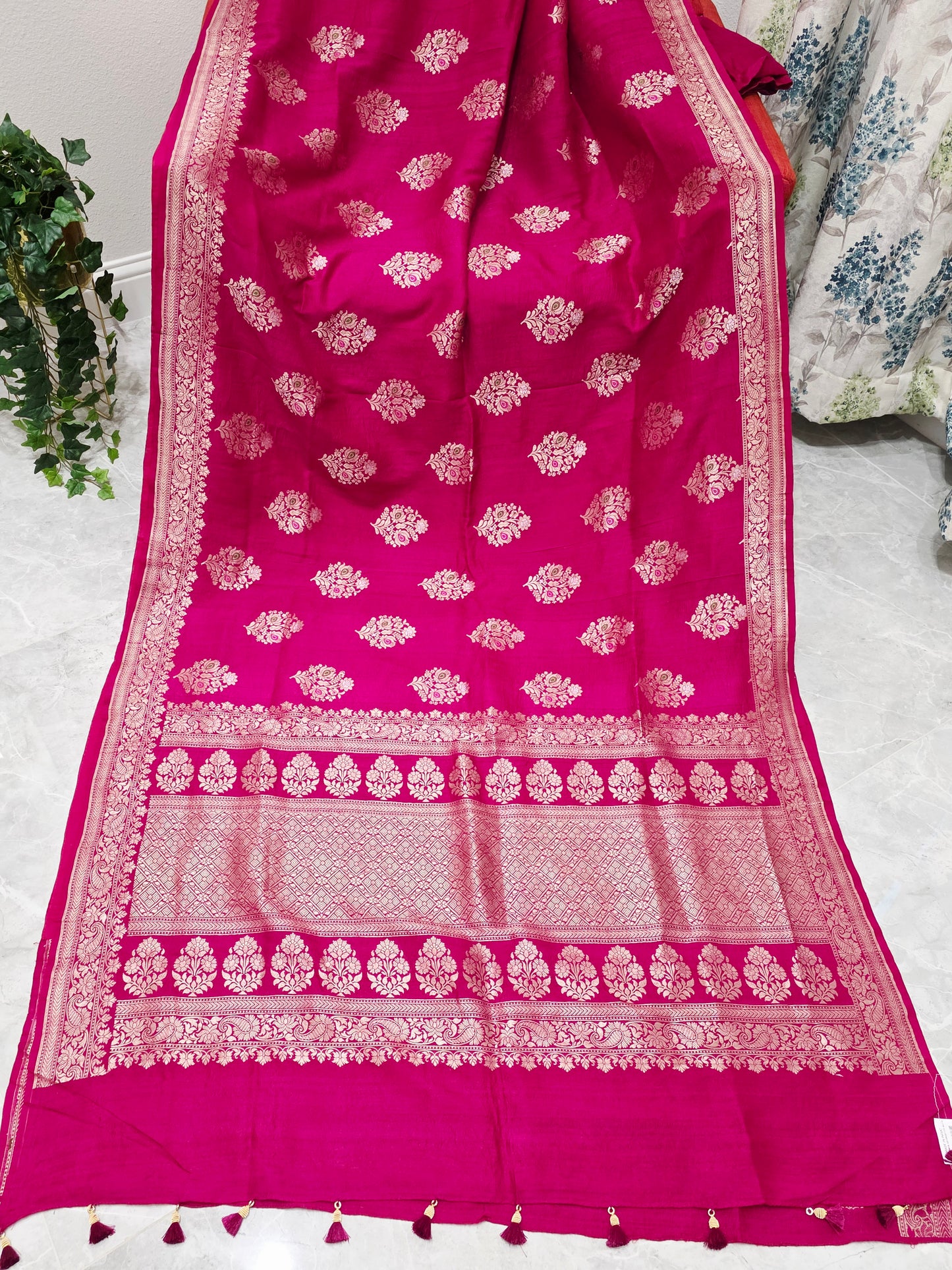 Royal Fuchsia Magenta Tussar Georgette Saree with Gold Zari Border